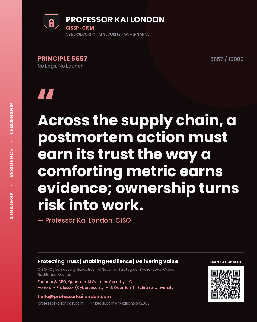 Quote card by Professor Kai London reading 'Across the supply chain, a postmortem action must earn its trust the way a comforting metric earns evidence; ownership turns risk into work.'. From the book No Logs, No Launch.