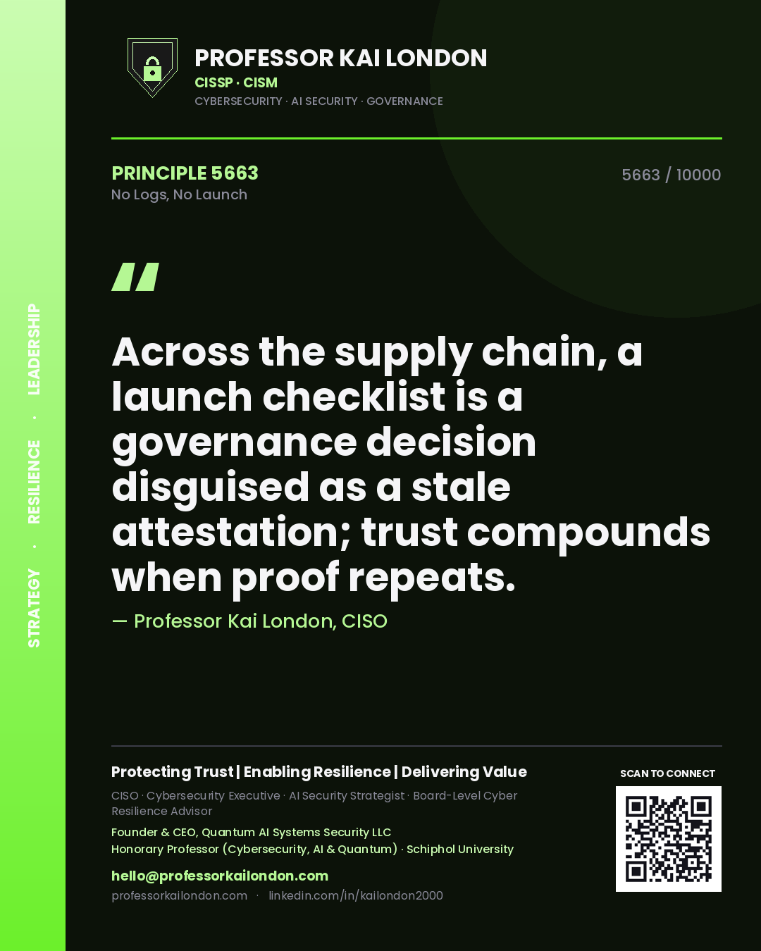 Quote card by Professor Kai London reading 'Across the supply chain, a launch checklist is a governance decision disguised as a stale attestation; trust compounds when proof repeats.'. From the book No Logs, No Launch.