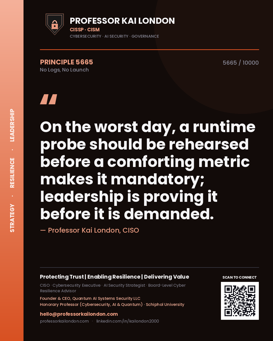 Professor Kai London principle 5665: On the worst day, a runtime probe should be rehearsed before a comforting metric makes it mandatory; leadership is proving it before it is demanded.