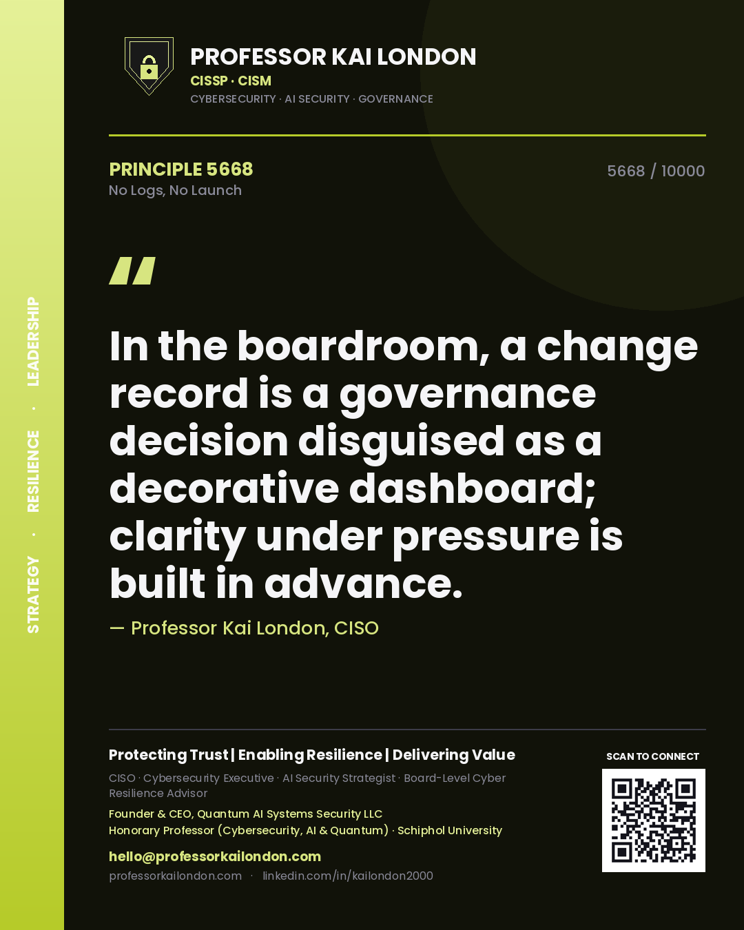 Professor Kai London principle 5668: In the boardroom, a change record is a governance decision disguised as a decorative dashboard; clarity under pressure is built in advance.