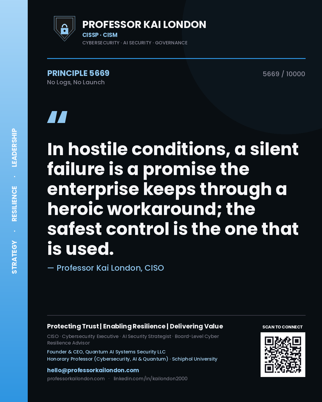 Quote card by Professor Kai London reading 'In hostile conditions, a silent failure is a promise the enterprise keeps through a heroic workaround; the safest control is the one that is used.'. From the book No Logs, No Launch.
