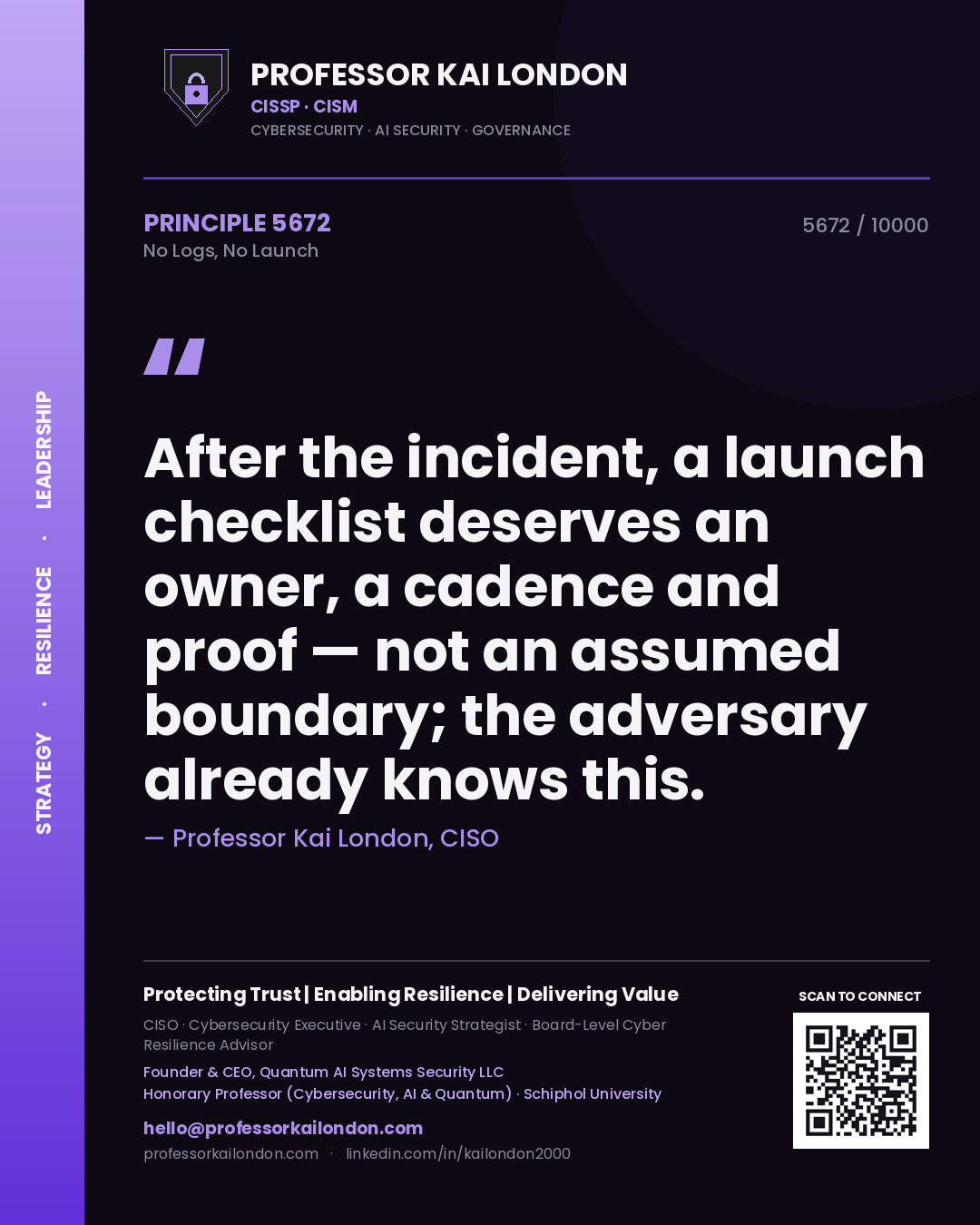 Quote card by Professor Kai London reading 'After the incident, a launch checklist deserves an owner, a cadence and proof — not an assumed boundary; the adversary already knows this.'. From the book No Logs, No Launch.
