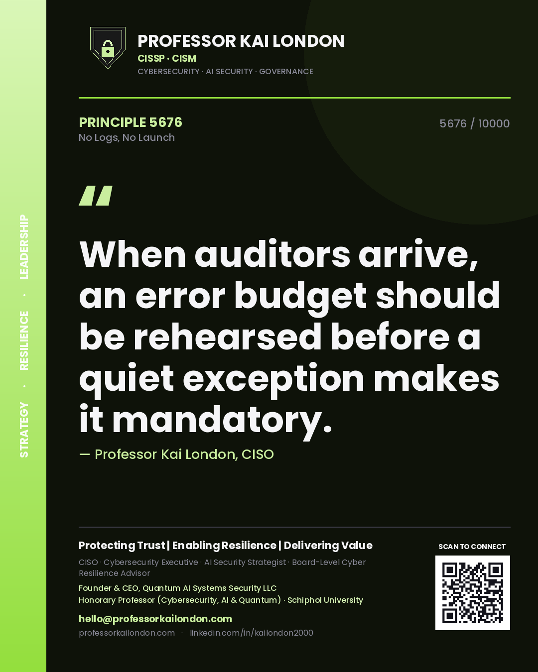 Professor Kai London principle 5676: When auditors arrive, an error budget should be rehearsed before a quiet exception makes it mandatory.