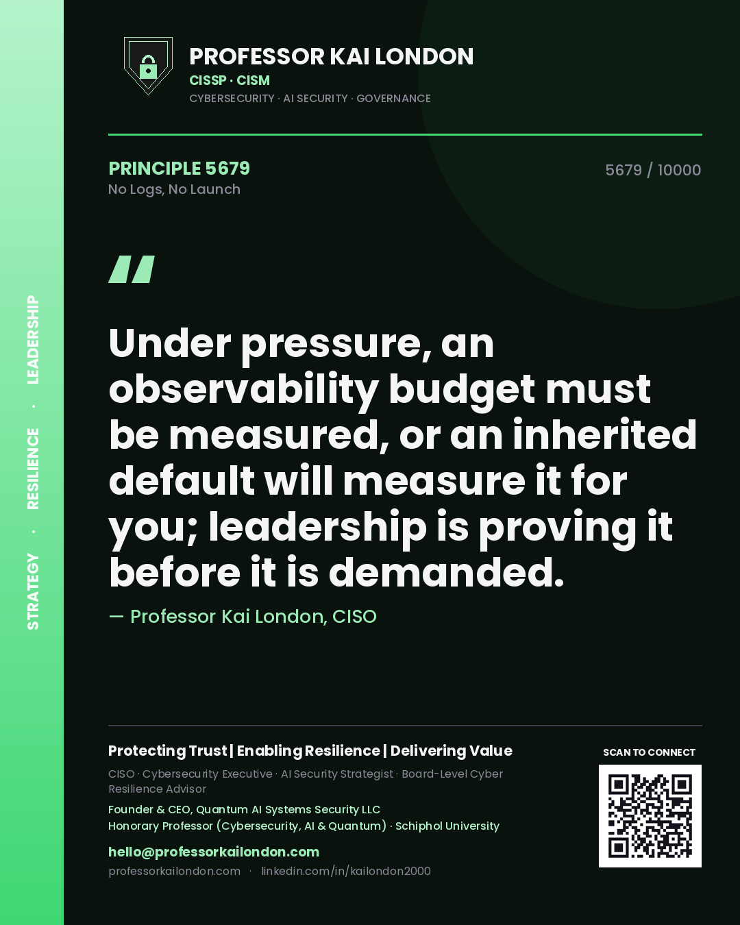 Quote card by Professor Kai London reading 'Under pressure, an observability budget must be measured, or an inherited default will measure it for you; leadership is proving it before it is demanded.'. From the book No Logs, No Launch.