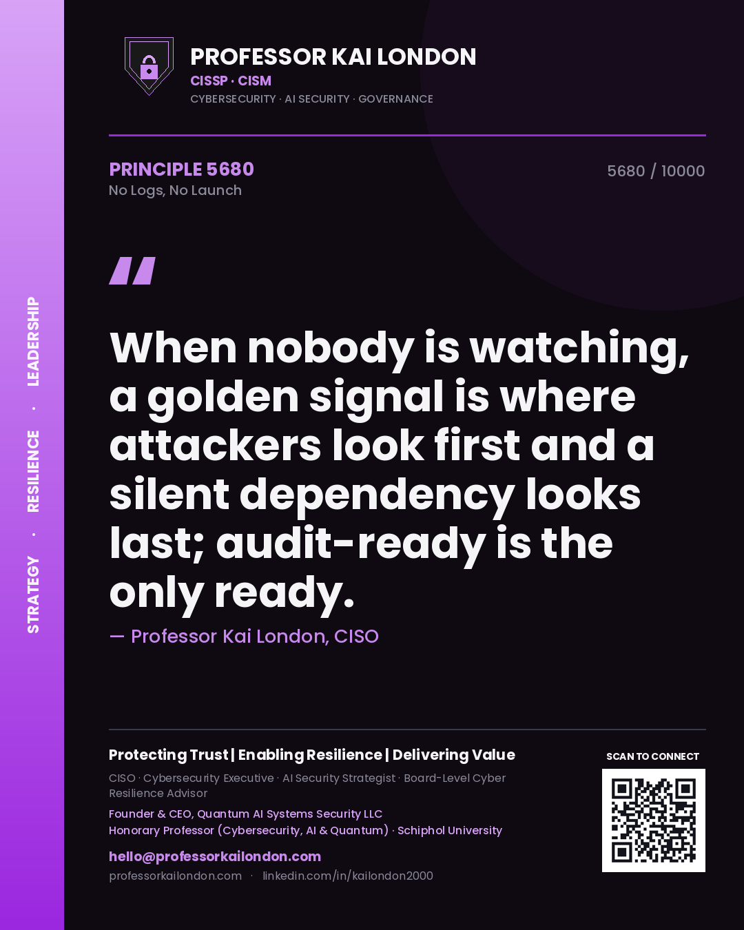 Quote card by Professor Kai London reading 'When nobody is watching, a golden signal is where attackers look first and a silent dependency looks last; audit-ready is the only ready.'. From the book No Logs, No Launch.