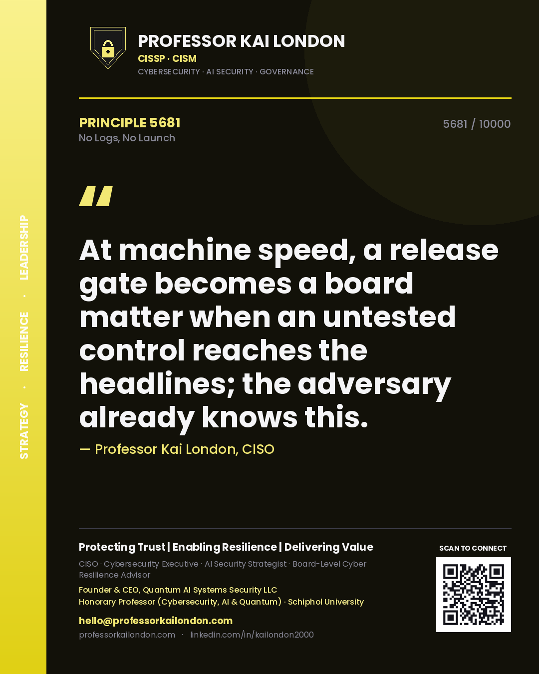 Professor Kai London principle 5681: At machine speed, a release gate becomes a board matter when an untested control reaches the headlines; the adversary already knows this.