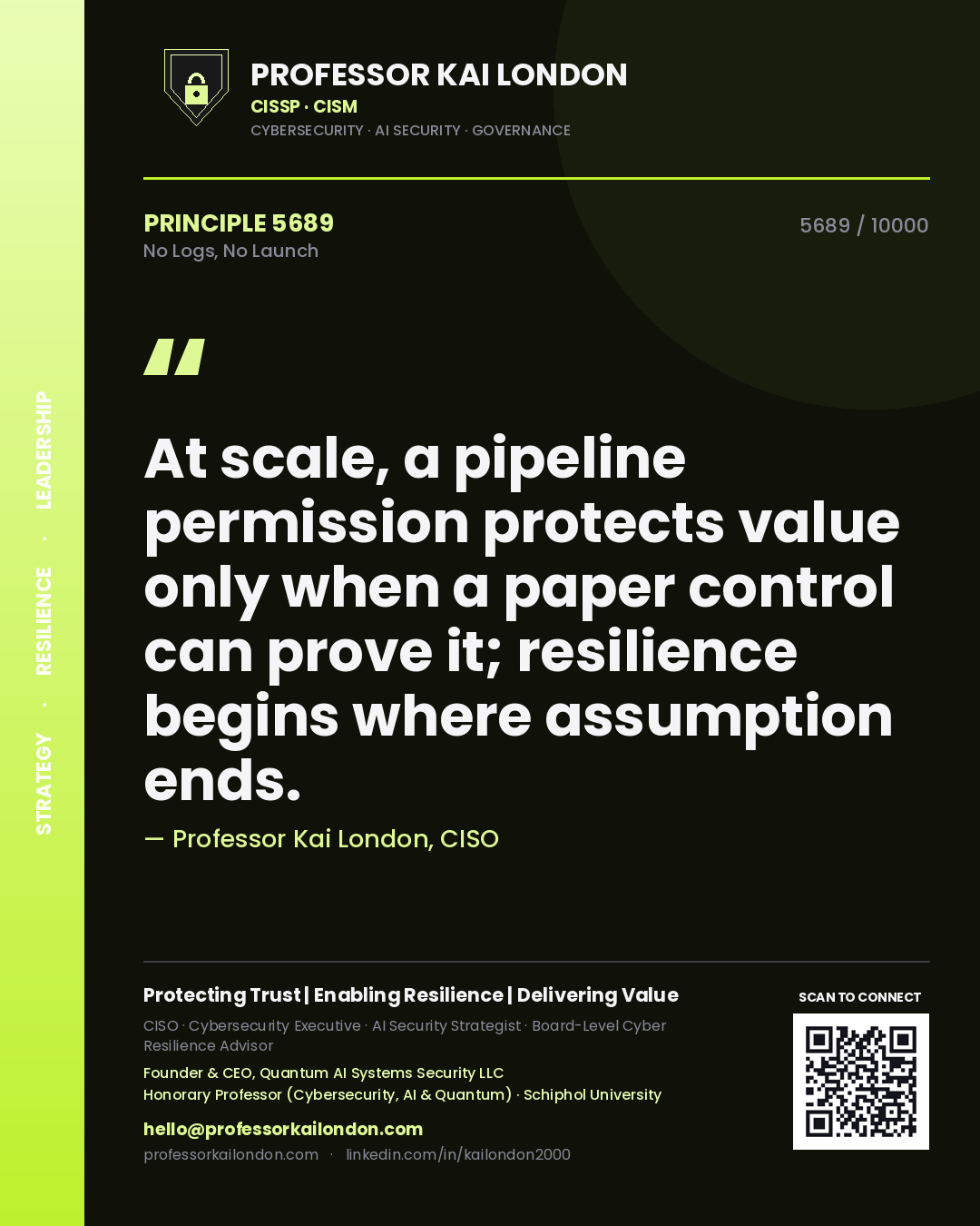Professor Kai London principle 5689: At scale, a pipeline permission protects value only when a paper control can prove it; resilience begins where assumption ends.