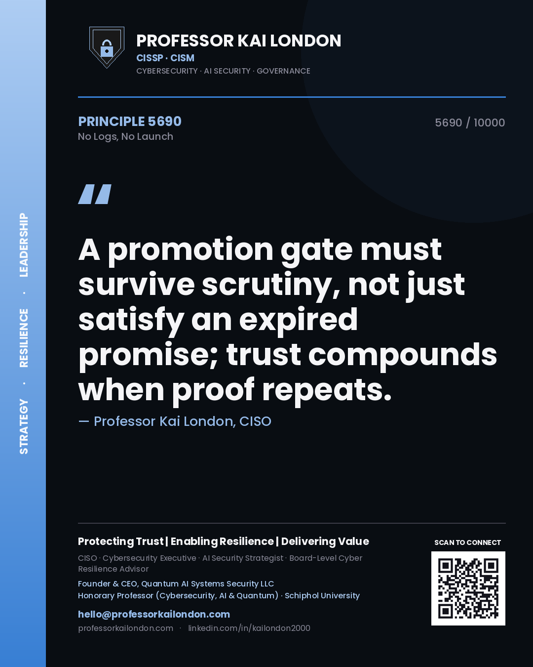 Professor Kai London principle 5690: A promotion gate must survive scrutiny, not just satisfy an expired promise; trust compounds when proof repeats.