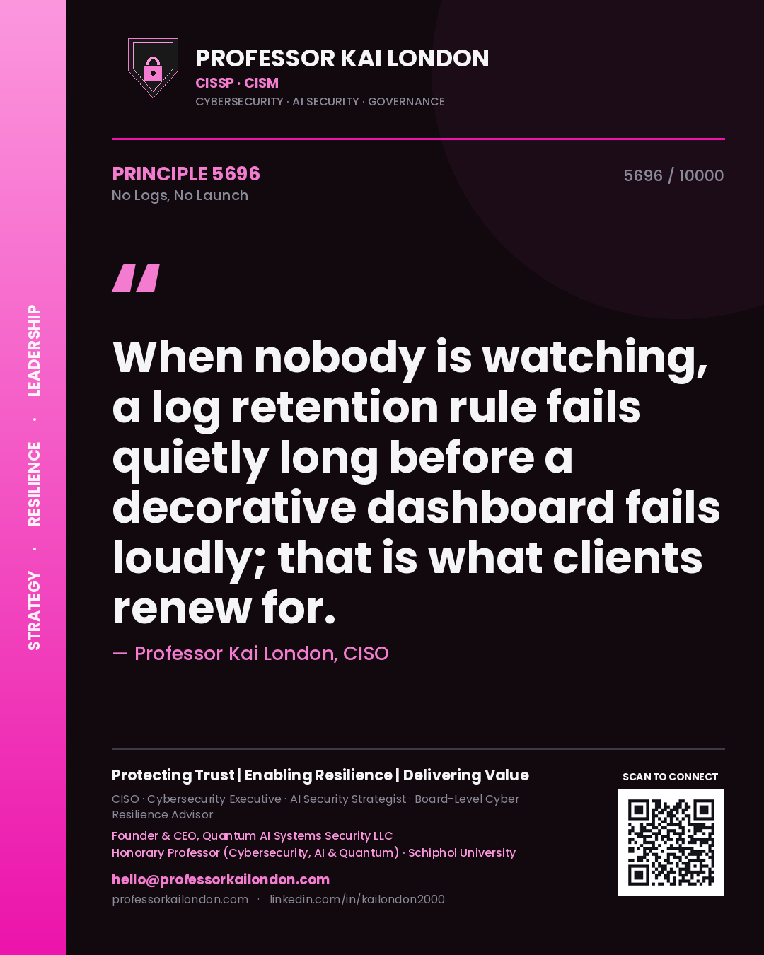 Professor Kai London principle 5696: When nobody is watching, a log retention rule fails quietly long before a decorative dashboard fails loudly; that is what clients renew for.