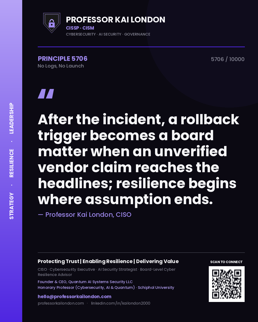 Quote card by Professor Kai London reading 'After the incident, a rollback trigger becomes a board matter when an unverified vendor claim reaches the headlines; resilience begins where assumption ends.'. From the book No Logs, No Launch.