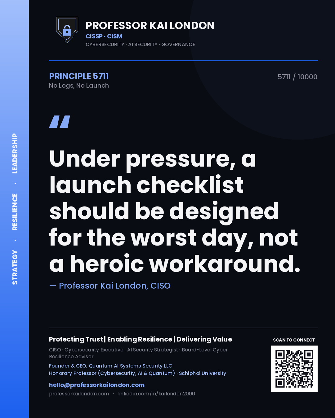 Quote card by Professor Kai London reading 'Under pressure, a launch checklist should be designed for the worst day, not a heroic workaround.'. From the book No Logs, No Launch.