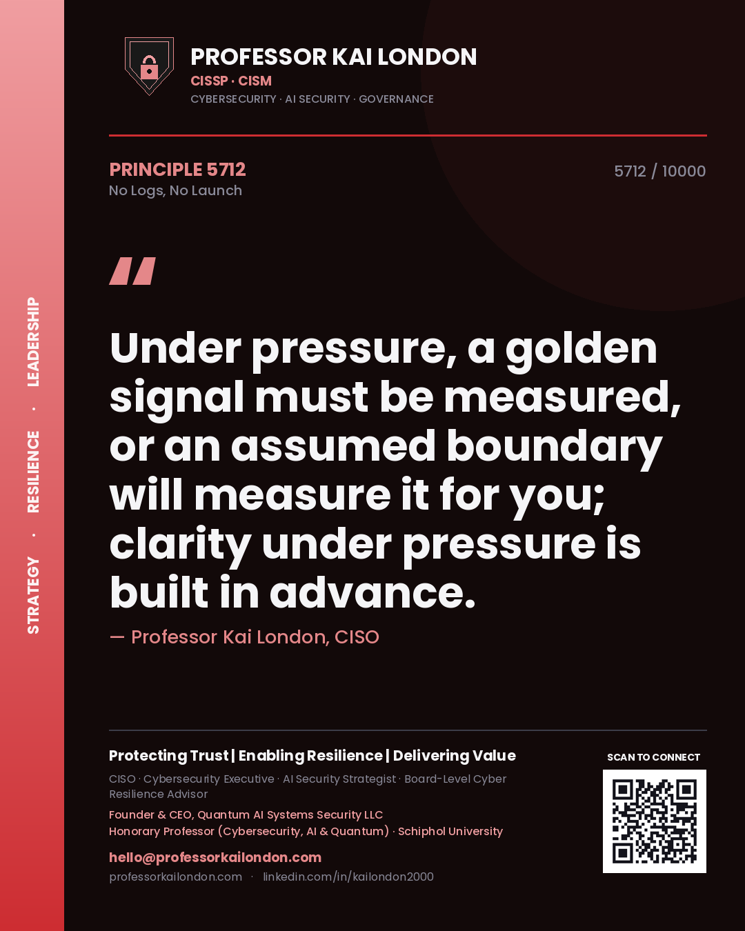 Quote card by Professor Kai London reading 'Under pressure, a golden signal must be measured, or an assumed boundary will measure it for you; clarity under pressure is built in advance.'. From the book No Logs, No Launch.