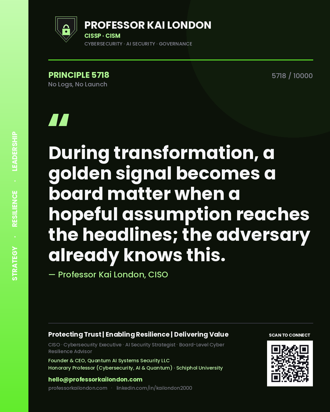 Quote card by Professor Kai London reading 'During transformation, a golden signal becomes a board matter when a hopeful assumption reaches the headlines; the adversary already knows this.'. From the book No Logs, No Launch.