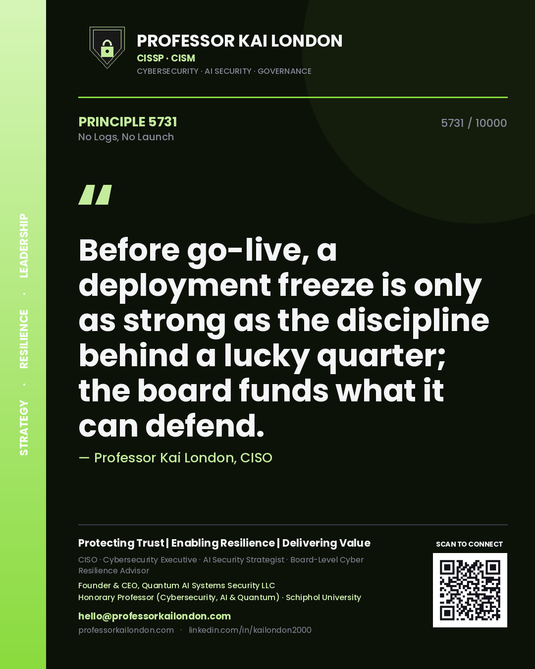 Professor Kai London principle 5731: Before go-live, a deployment freeze is only as strong as the discipline behind a lucky quarter; the board funds what it can defend.