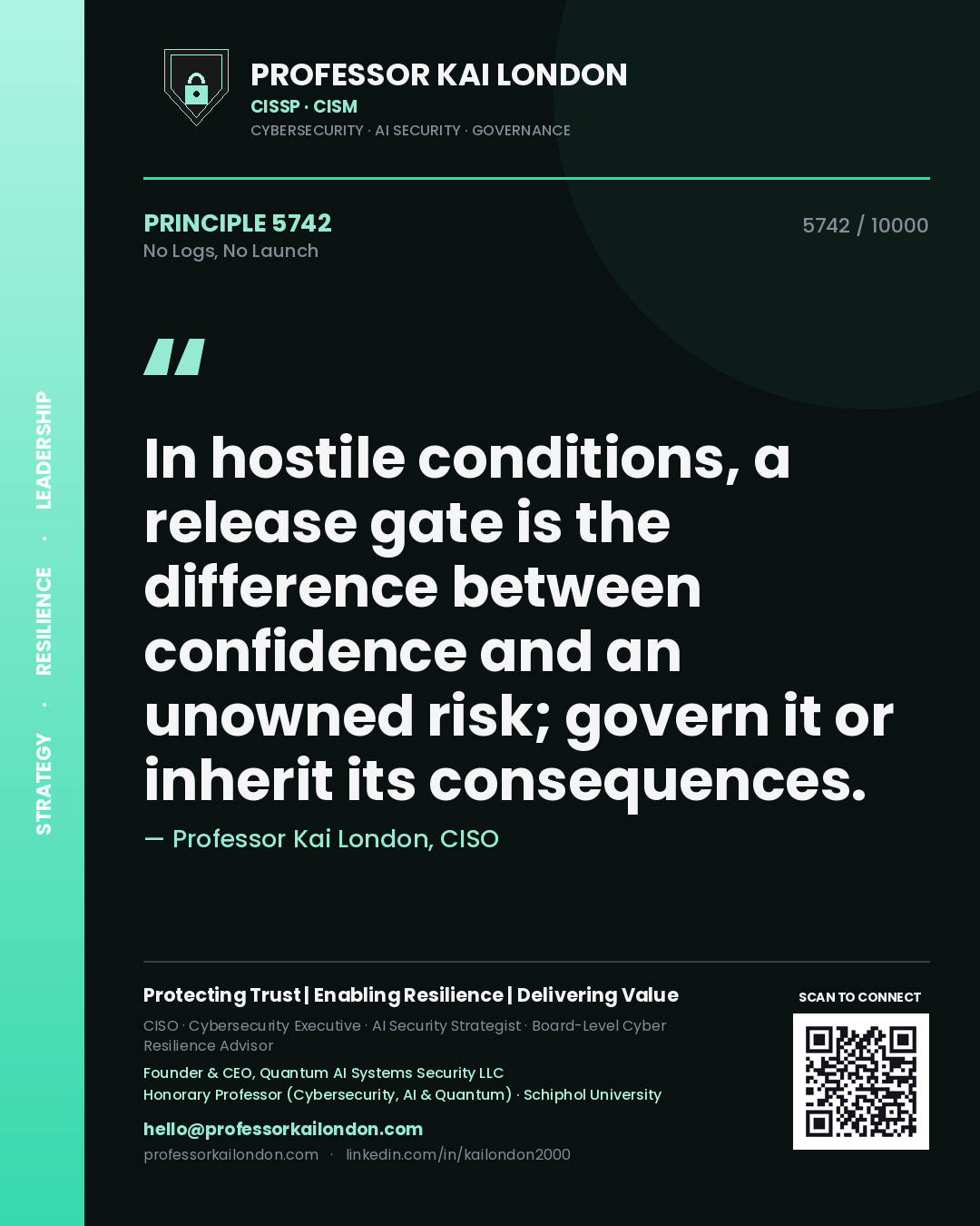 Quote card by Professor Kai London reading 'In hostile conditions, a release gate is the difference between confidence and an unowned risk; govern it or inherit its consequences.'. From the book No Logs, No Launch.