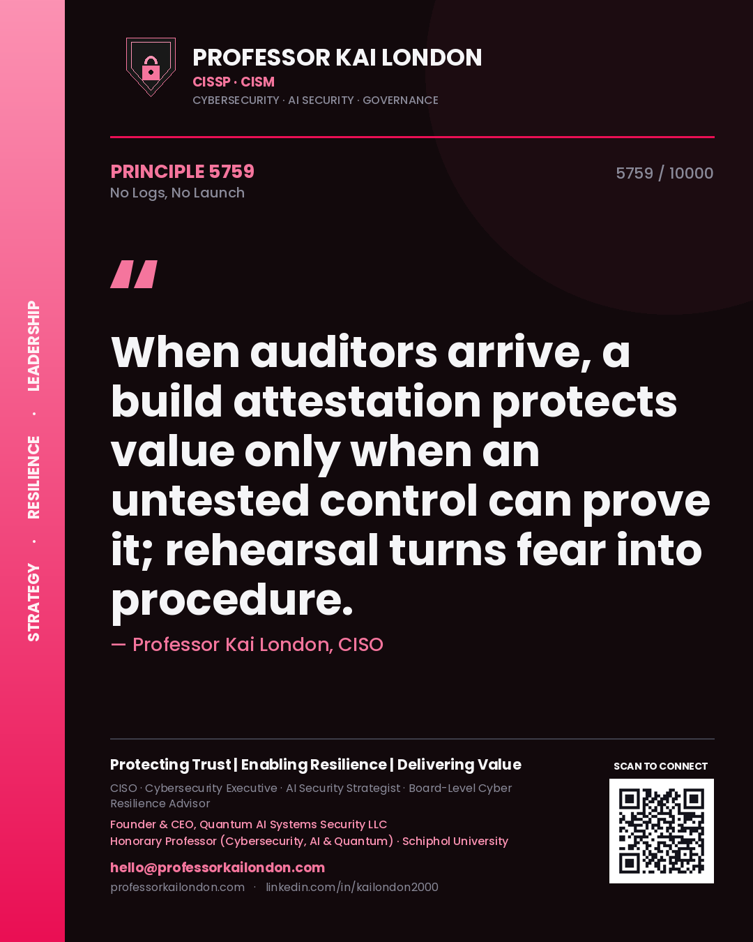 Quote card by Professor Kai London reading 'When auditors arrive, a build attestation protects value only when an untested control can prove it; rehearsal turns fear into procedure.'. From the book No Logs, No Launch.