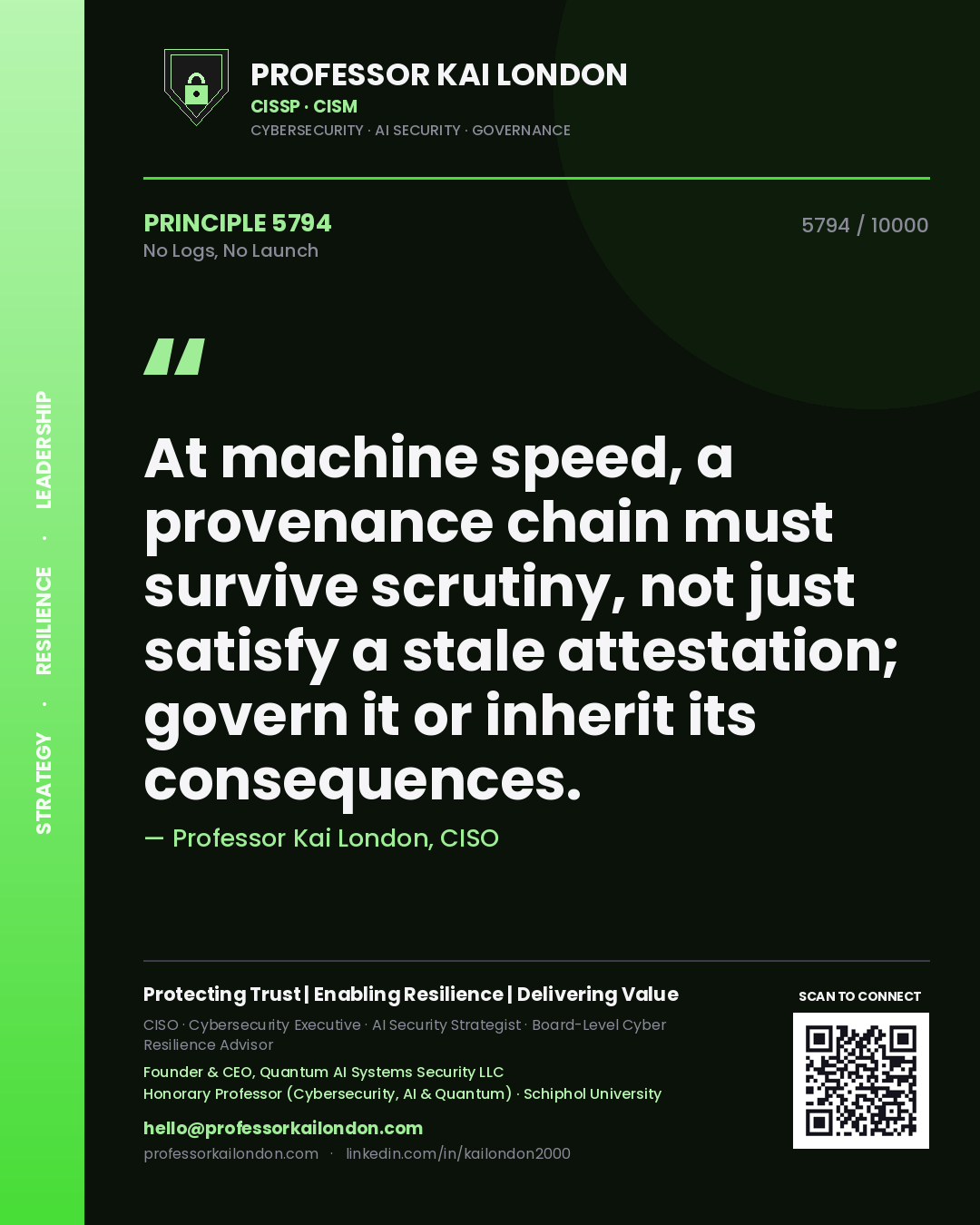 Quote card by Professor Kai London reading 'At machine speed, a provenance chain must survive scrutiny, not just satisfy a stale attestation; govern it or inherit its consequences.'. From the book No Logs, No Launch.