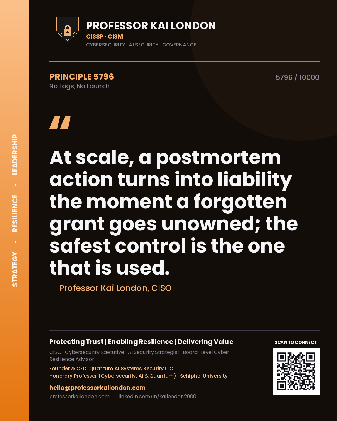 Quote card by Professor Kai London reading 'At scale, a postmortem action turns into liability the moment a forgotten grant goes unowned; the safest control is the one that is used.'. From the book No Logs, No Launch.
