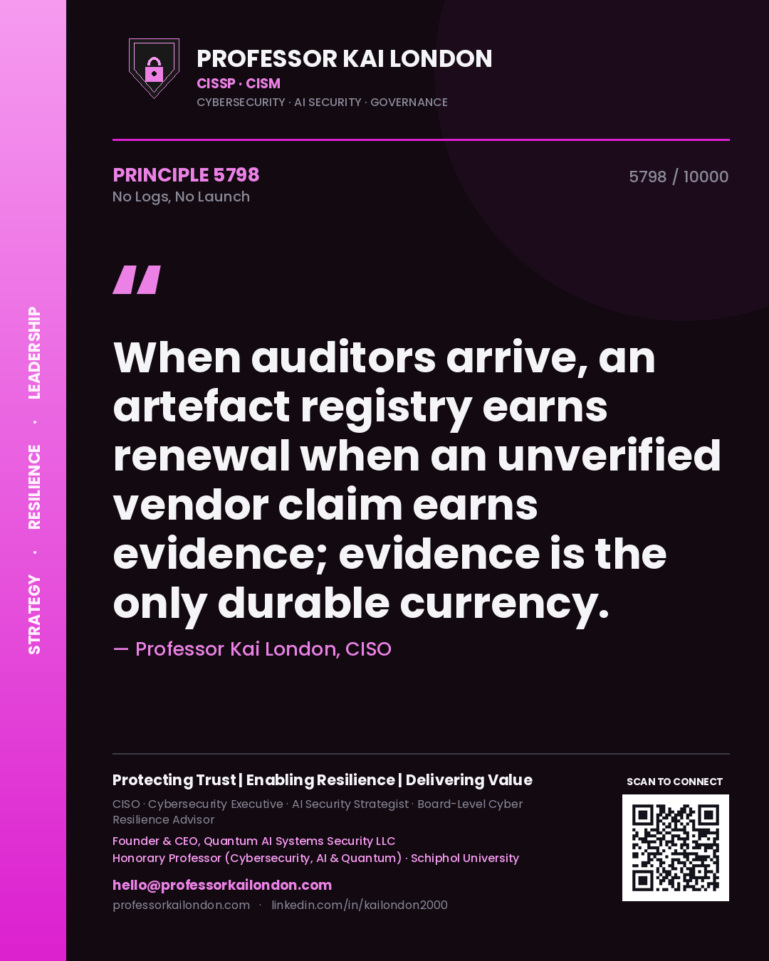 Quote card by Professor Kai London reading 'When auditors arrive, an artefact registry earns renewal when an unverified vendor claim earns evidence; evidence is the only durable currency.'. From the book No Logs, No Launch.