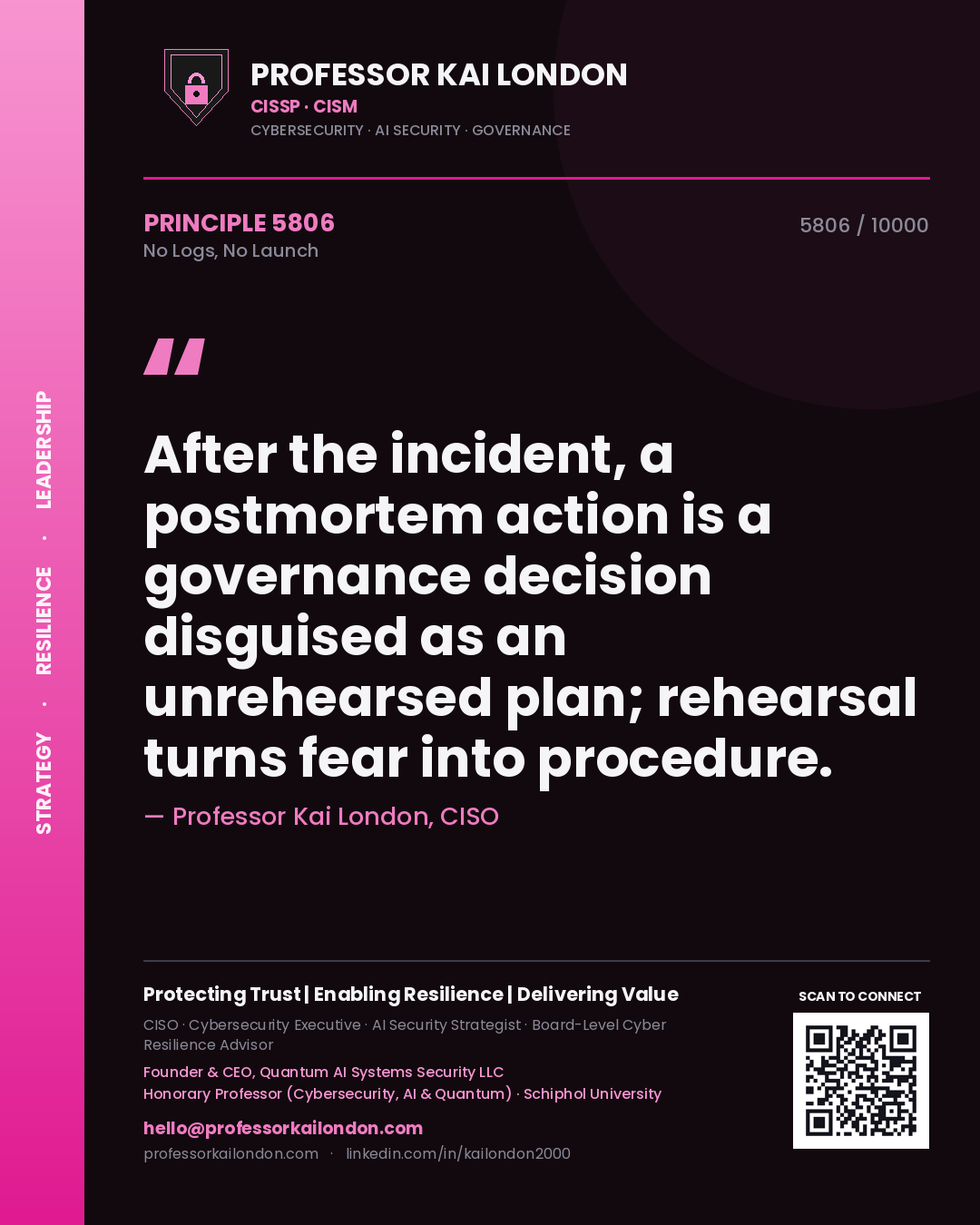 Professor Kai London principle 5806: After the incident, a postmortem action is a governance decision disguised as an unrehearsed plan; rehearsal turns fear into procedure.