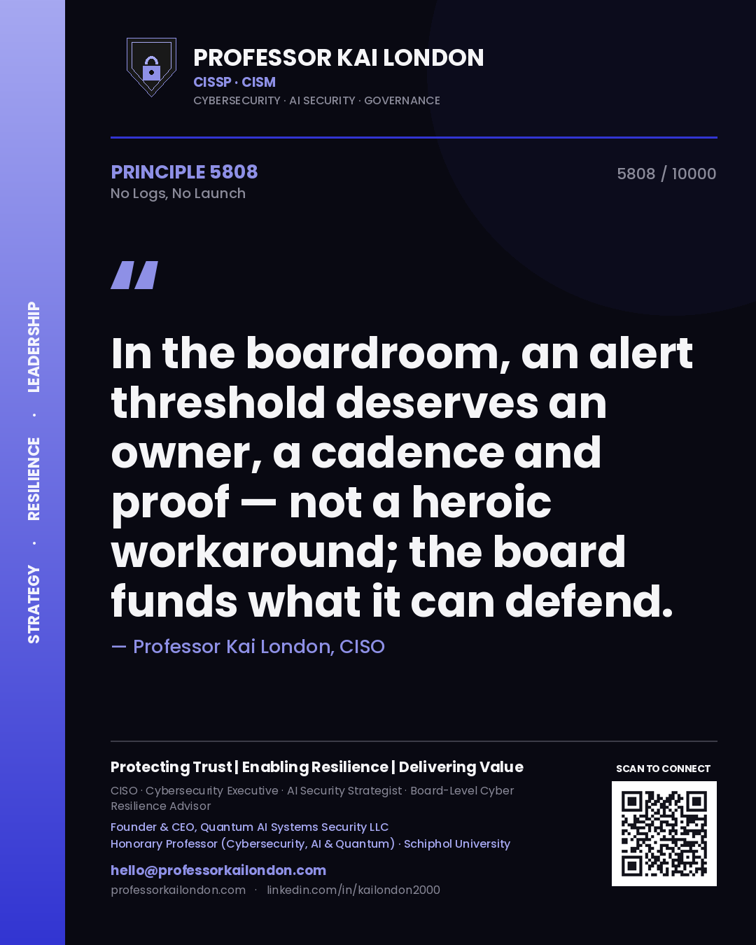Quote card by Professor Kai London reading 'In the boardroom, an alert threshold deserves an owner, a cadence and proof — not a heroic workaround; the board funds what it can defend.'. From the book No Logs, No Launch.
