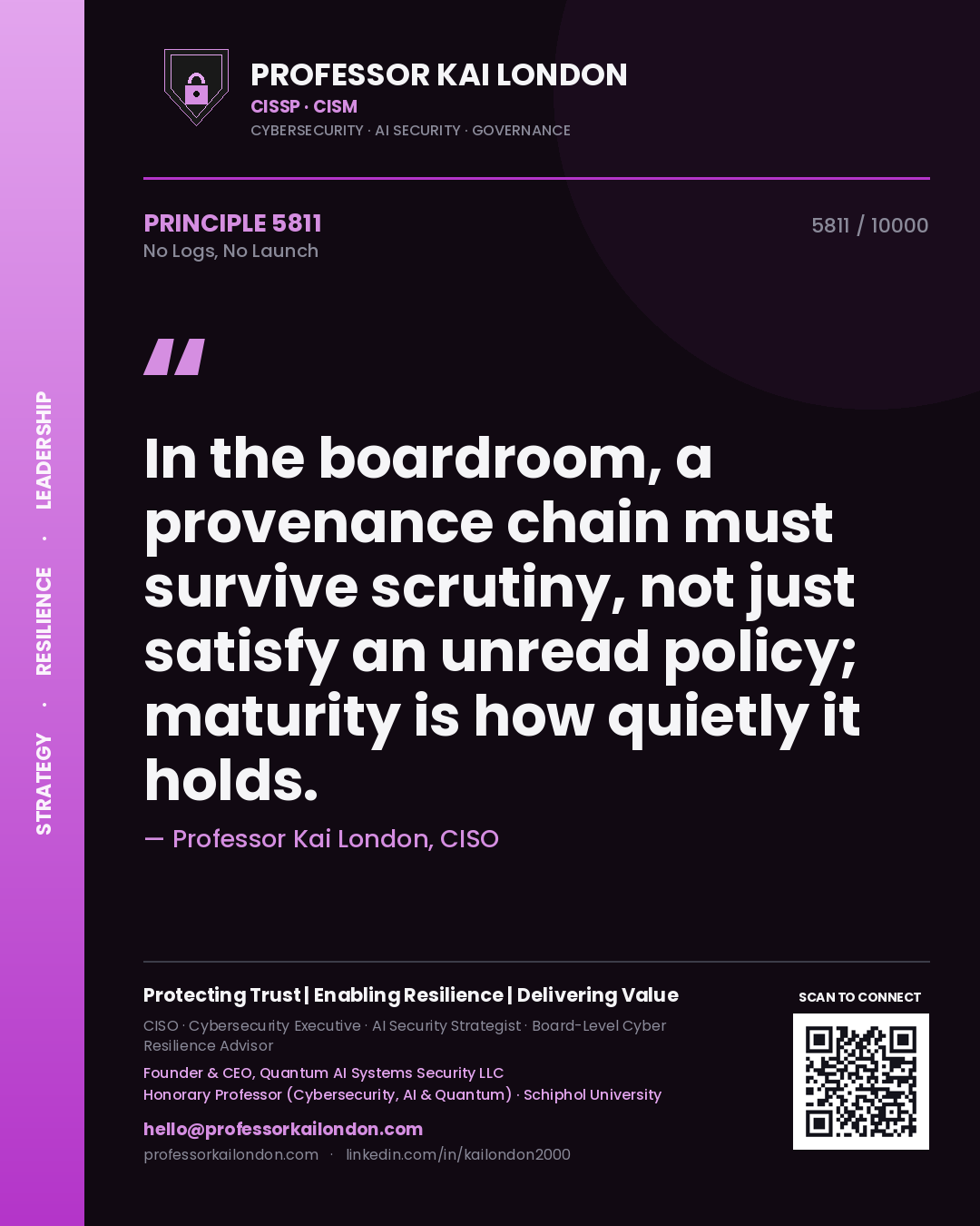 Professor Kai London principle 5811: In the boardroom, a provenance chain must survive scrutiny, not just satisfy an unread policy; maturity is how quietly it holds.