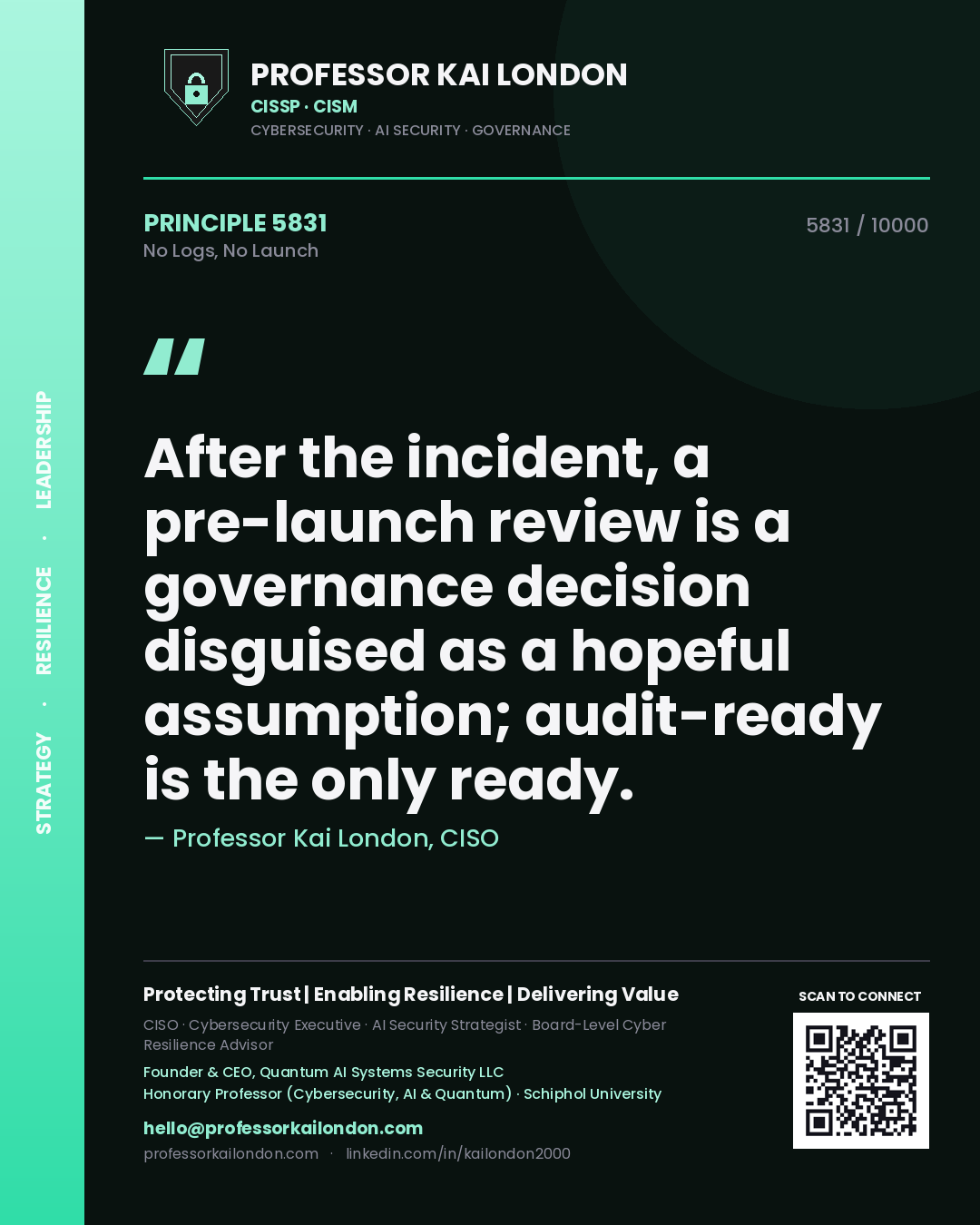 Quote card by Professor Kai London reading 'After the incident, a pre-launch review is a governance decision disguised as a hopeful assumption; audit-ready is the only ready.'. From the book No Logs, No Launch.