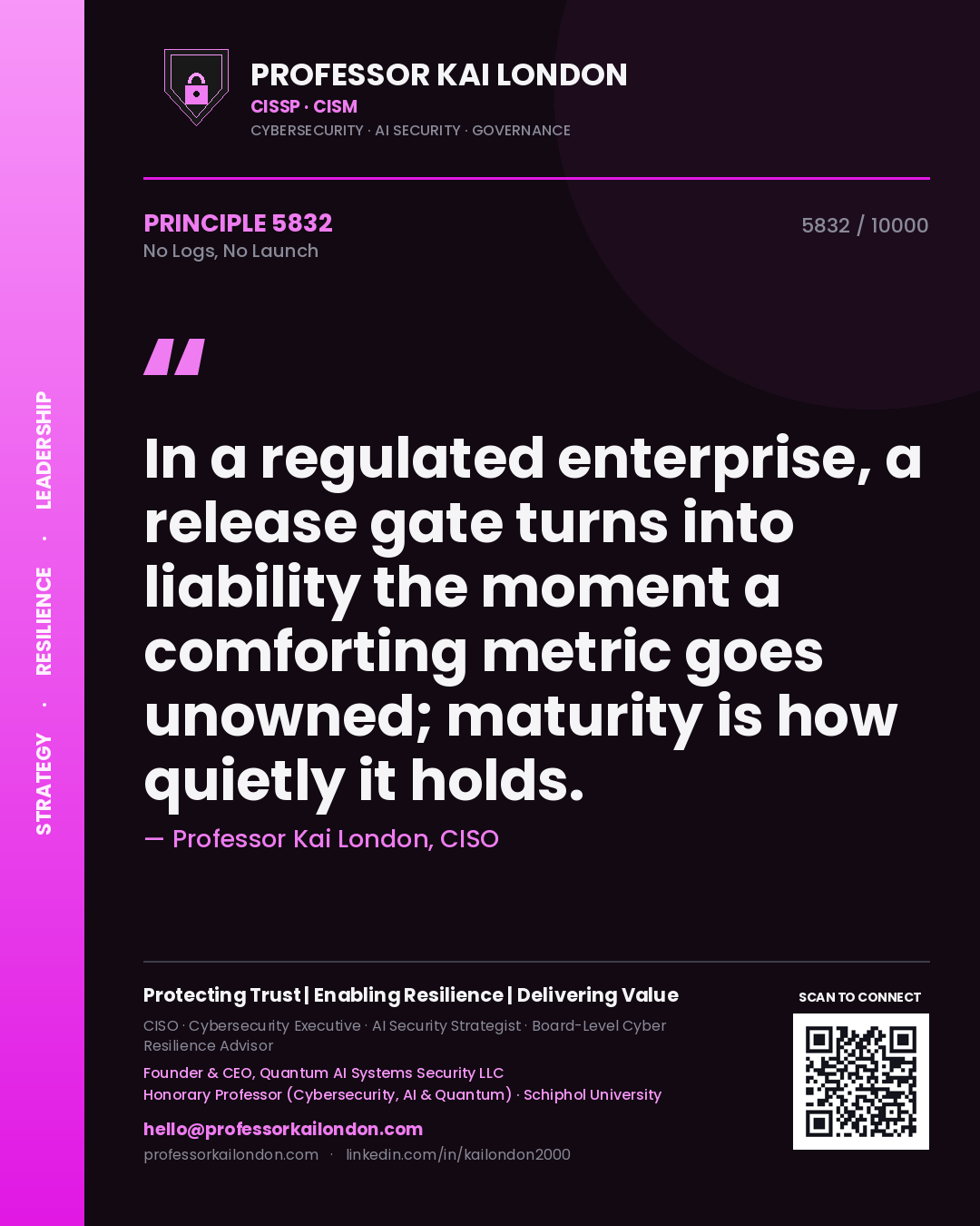 Quote card by Professor Kai London reading 'In a regulated enterprise, a release gate turns into liability the moment a comforting metric goes unowned; maturity is how quietly it holds.'. From the book No Logs, No Launch.