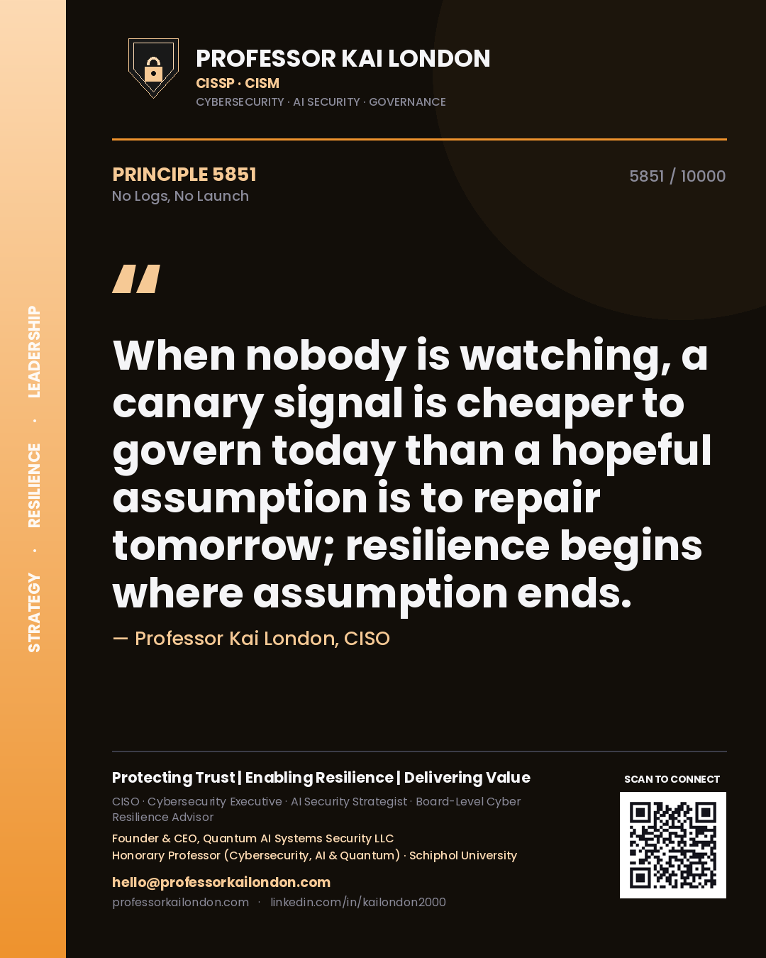 Professor Kai London principle 5851: When nobody is watching, a canary signal is cheaper to govern today than a hopeful assumption is to repair tomorrow; resilience begins where assumption ends.