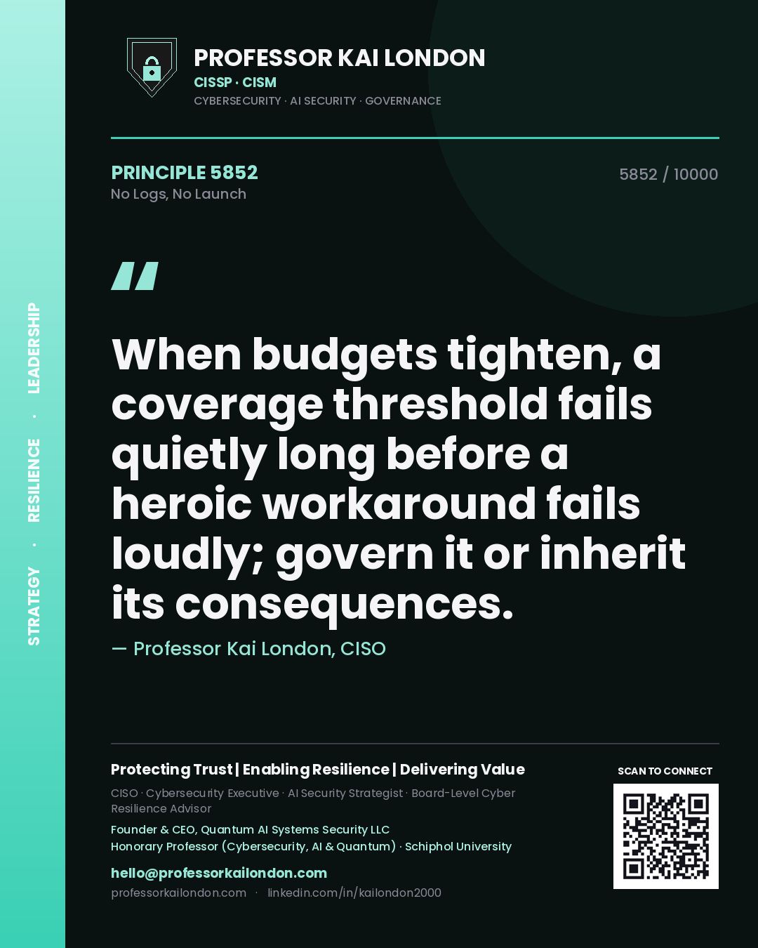 Professor Kai London principle 5852: When budgets tighten, a coverage threshold fails quietly long before a heroic workaround fails loudly; govern it or inherit its consequences.