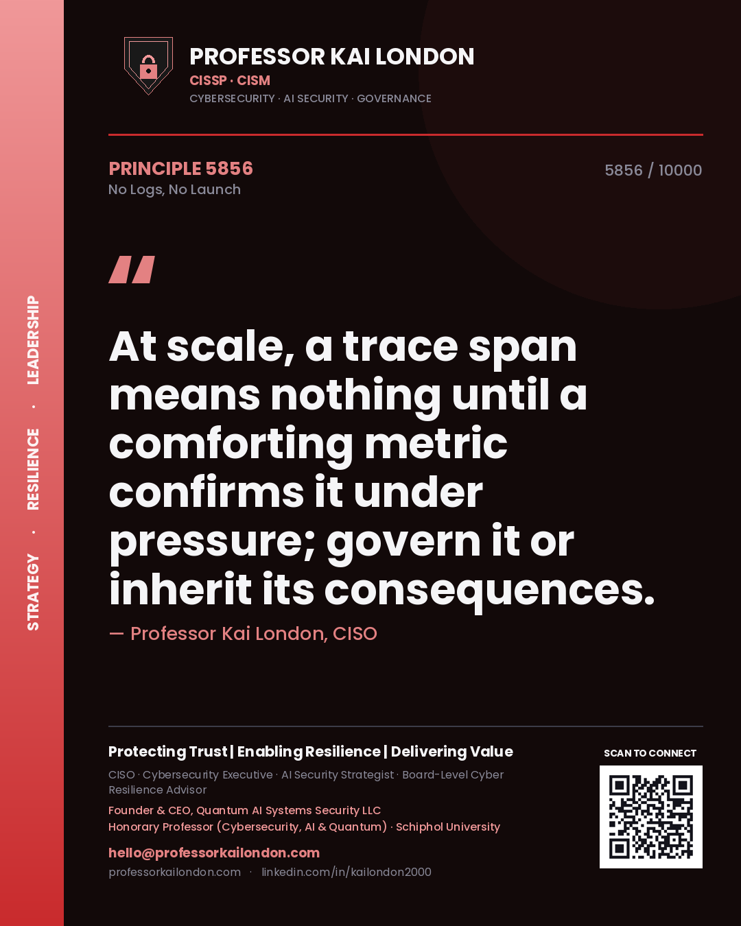 Professor Kai London principle 5856: At scale, a trace span means nothing until a comforting metric confirms it under pressure; govern it or inherit its consequences.