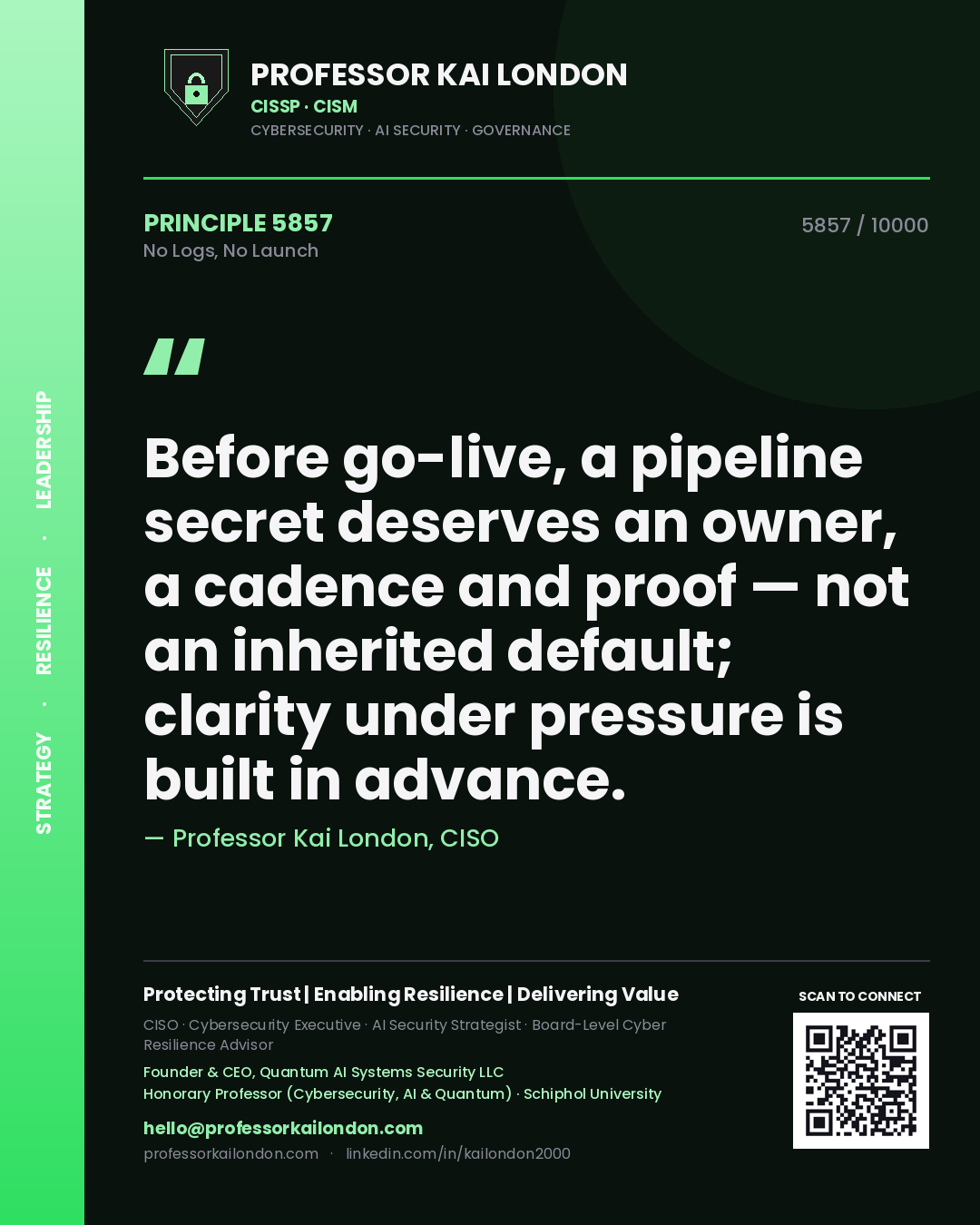 Quote card by Professor Kai London reading 'Before go-live, a pipeline secret deserves an owner, a cadence and proof — not an inherited default; clarity under pressure is built in advance.'. From the book No Logs, No Launch.