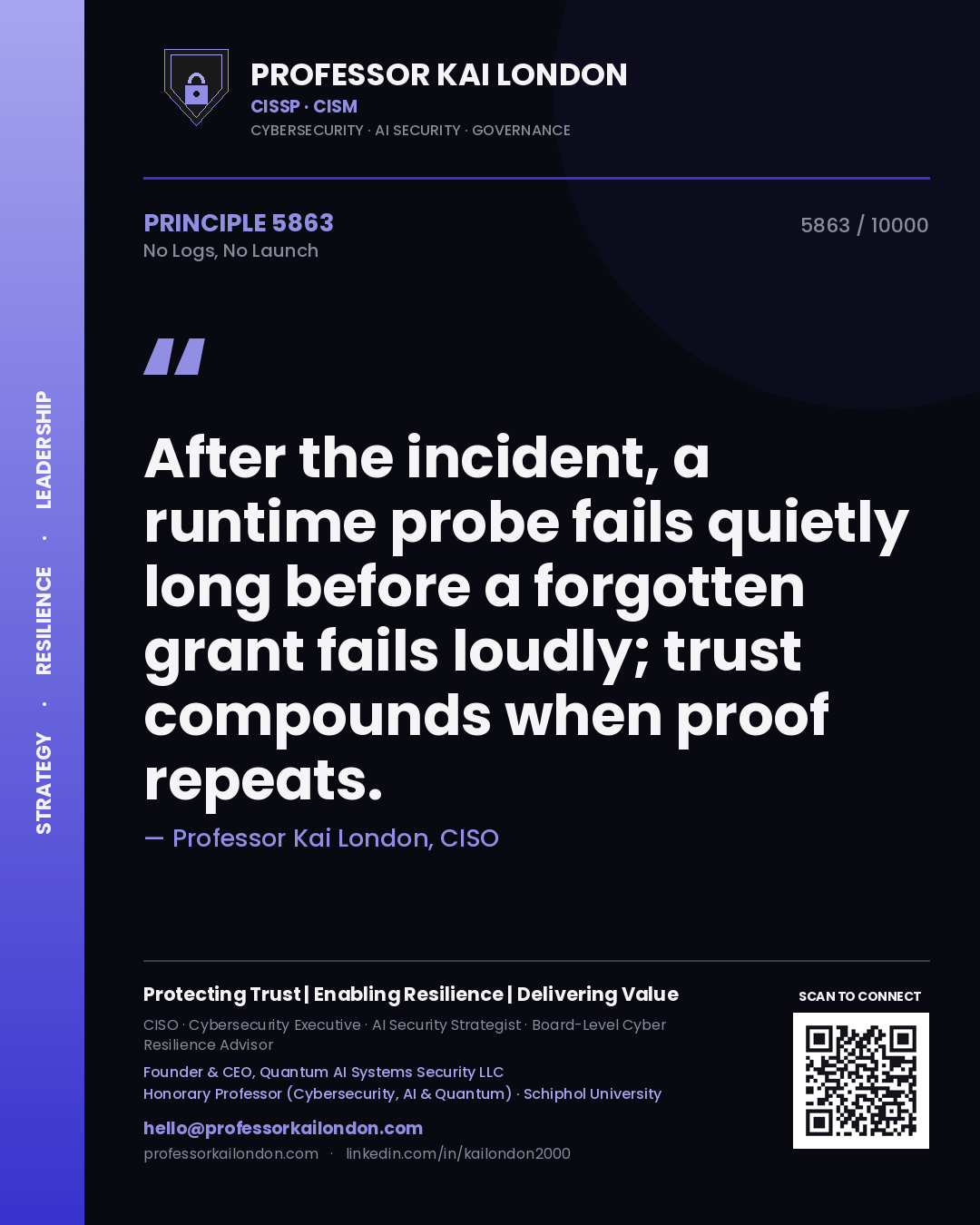 Professor Kai London principle 5863: After the incident, a runtime probe fails quietly long before a forgotten grant fails loudly; trust compounds when proof repeats.