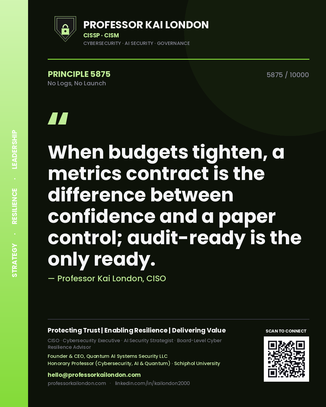 Professor Kai London principle 5875: When budgets tighten, a metrics contract is the difference between confidence and a paper control; audit-ready is the only ready.