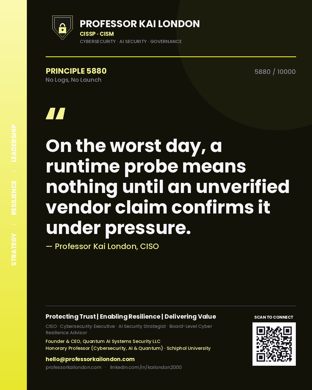Professor Kai London principle 5880: On the worst day, a runtime probe means nothing until an unverified vendor claim confirms it under pressure.