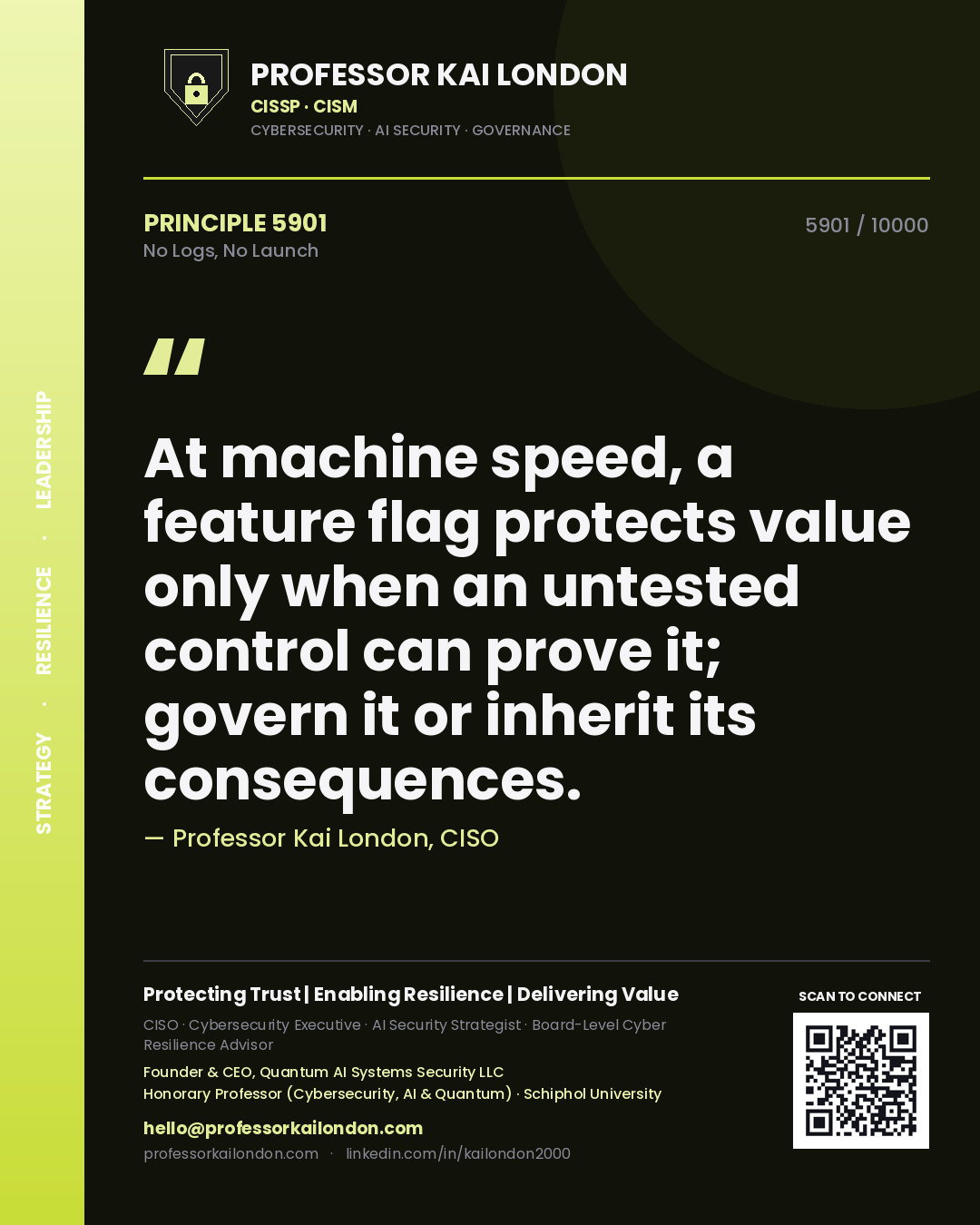 Quote card by Professor Kai London reading 'At machine speed, a feature flag protects value only when an untested control can prove it; govern it or inherit its consequences.'. From the book No Logs, No Launch.