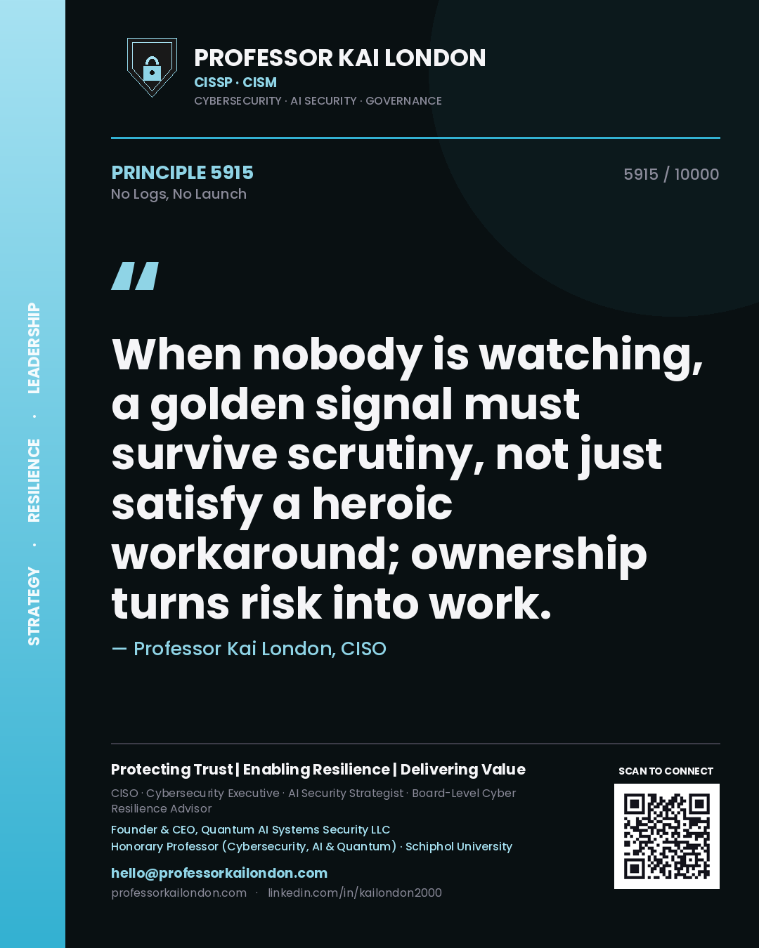Professor Kai London principle 5915: When nobody is watching, a golden signal must survive scrutiny, not just satisfy a heroic workaround; ownership turns risk into work.