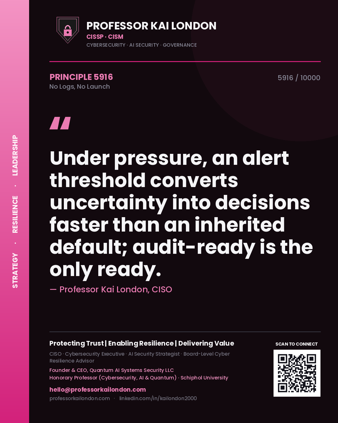 Quote card by Professor Kai London reading 'Under pressure, an alert threshold converts uncertainty into decisions faster than an inherited default; audit-ready is the only ready.'. From the book No Logs, No Launch.