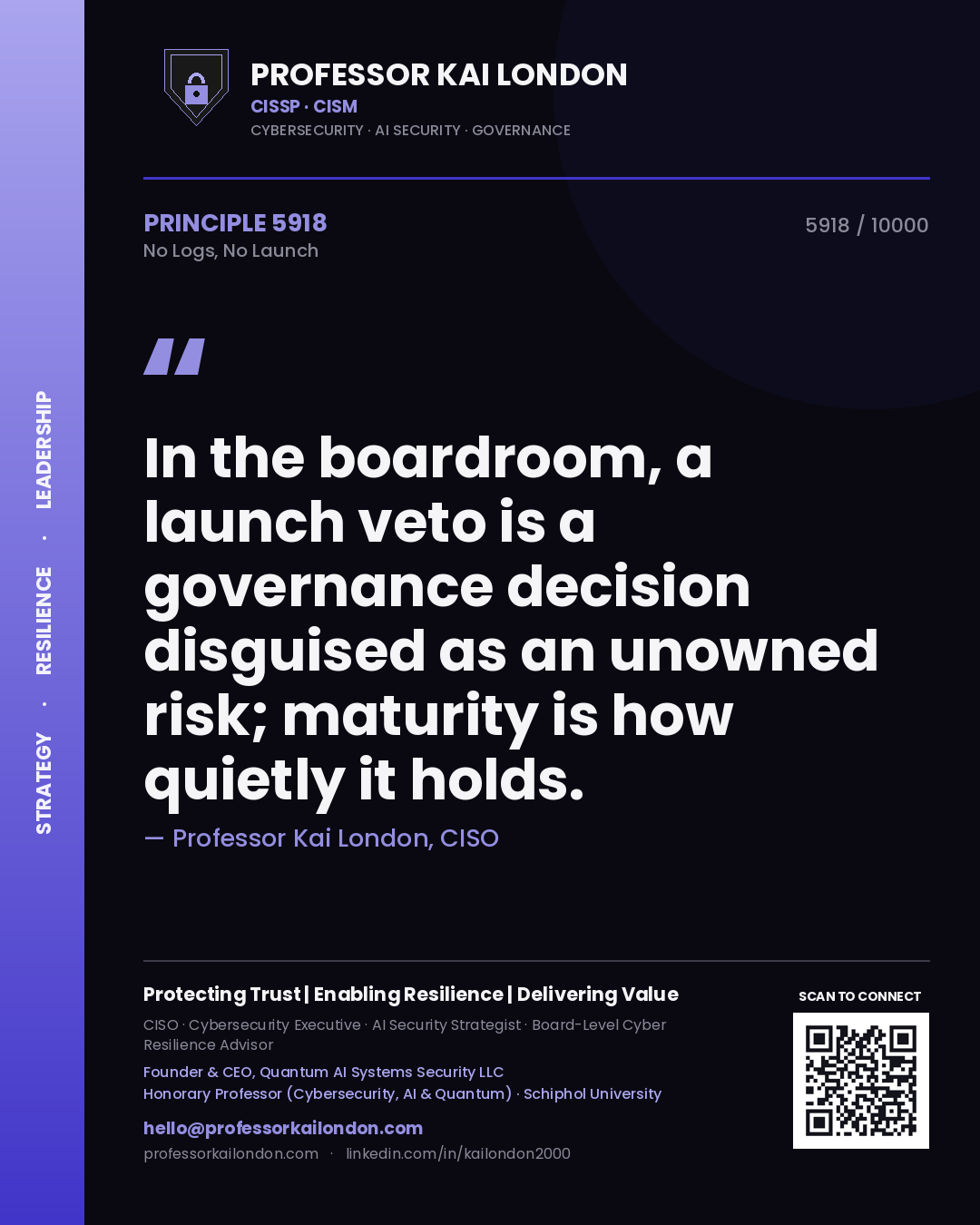 Quote card by Professor Kai London reading 'In the boardroom, a launch veto is a governance decision disguised as an unowned risk; maturity is how quietly it holds.'. From the book No Logs, No Launch.