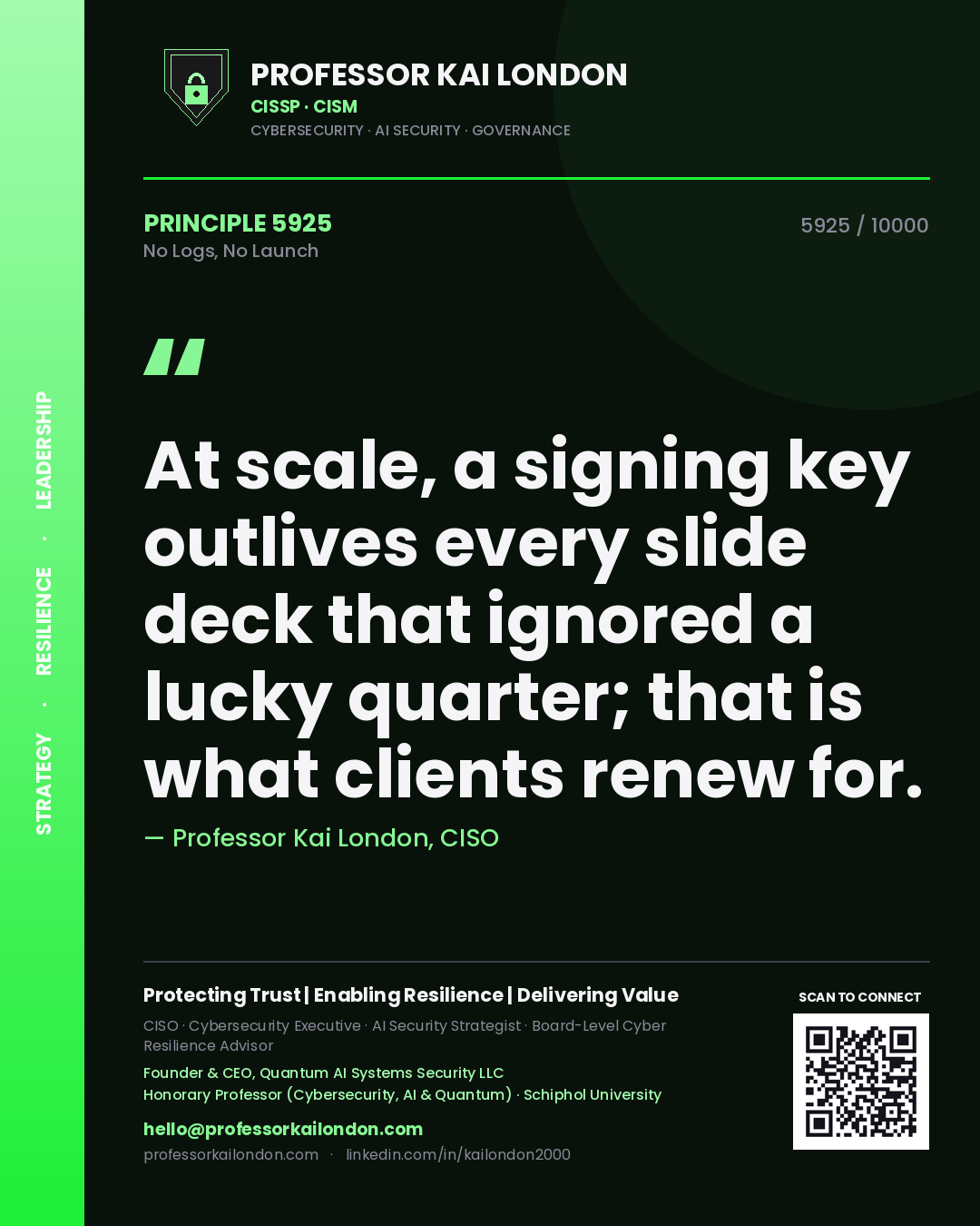 Quote card by Professor Kai London reading 'At scale, a signing key outlives every slide deck that ignored a lucky quarter; that is what clients renew for.'. From the book No Logs, No Launch.