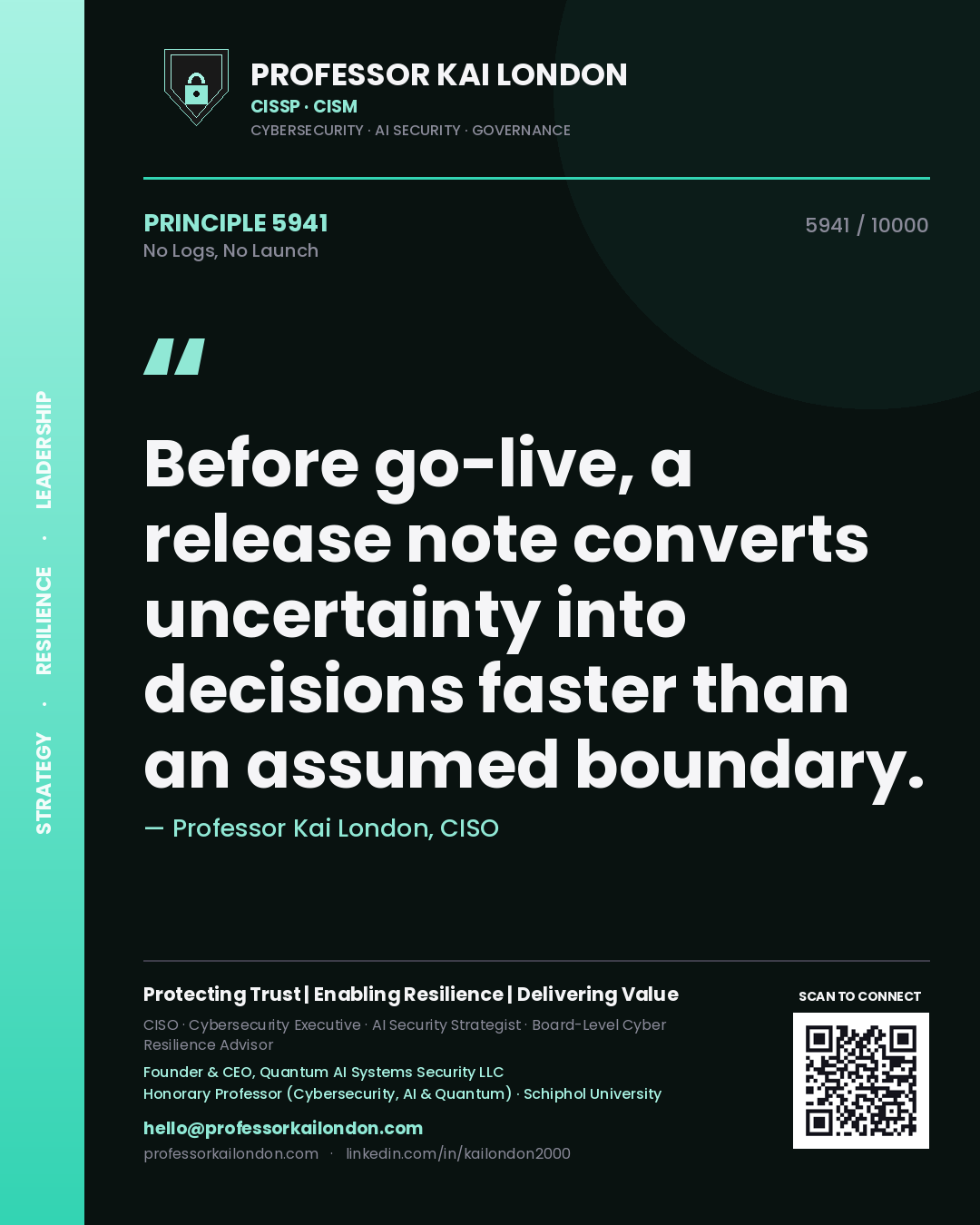 Quote card by Professor Kai London reading 'Before go-live, a release note converts uncertainty into decisions faster than an assumed boundary.'. From the book No Logs, No Launch.