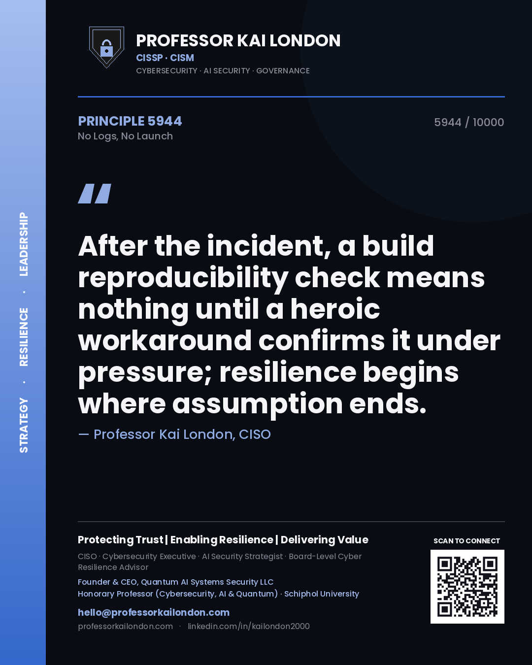 Professor Kai London principle 5944: After the incident, a build reproducibility check means nothing until a heroic workaround confirms it under pressure; resilience begins where assumption ends.