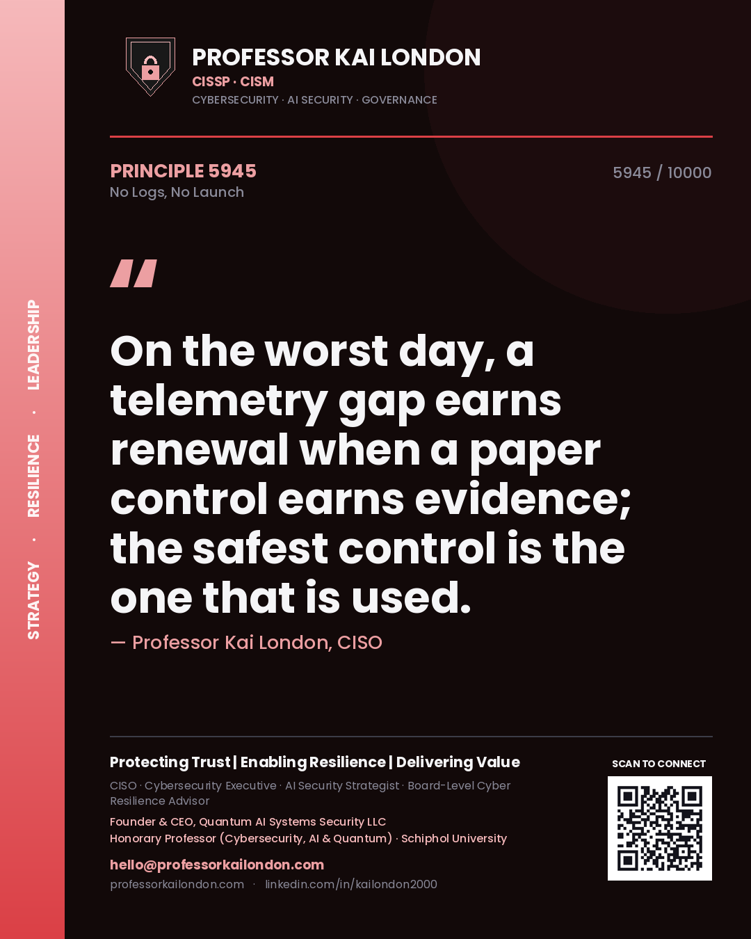 Professor Kai London principle 5945: On the worst day, a telemetry gap earns renewal when a paper control earns evidence; the safest control is the one that is used.