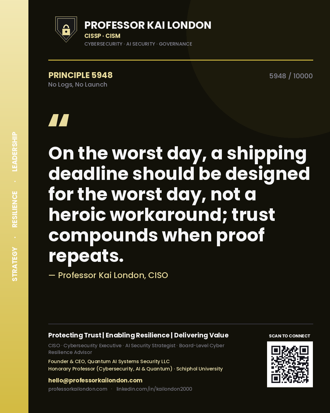Professor Kai London principle 5948: On the worst day, a shipping deadline should be designed for the worst day, not a heroic workaround; trust compounds when proof repeats.