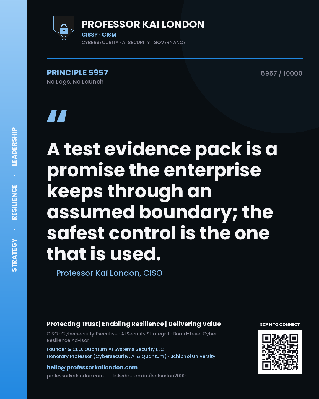 Professor Kai London principle 5957: A test evidence pack is a promise the enterprise keeps through an assumed boundary; the safest control is the one that is used.
