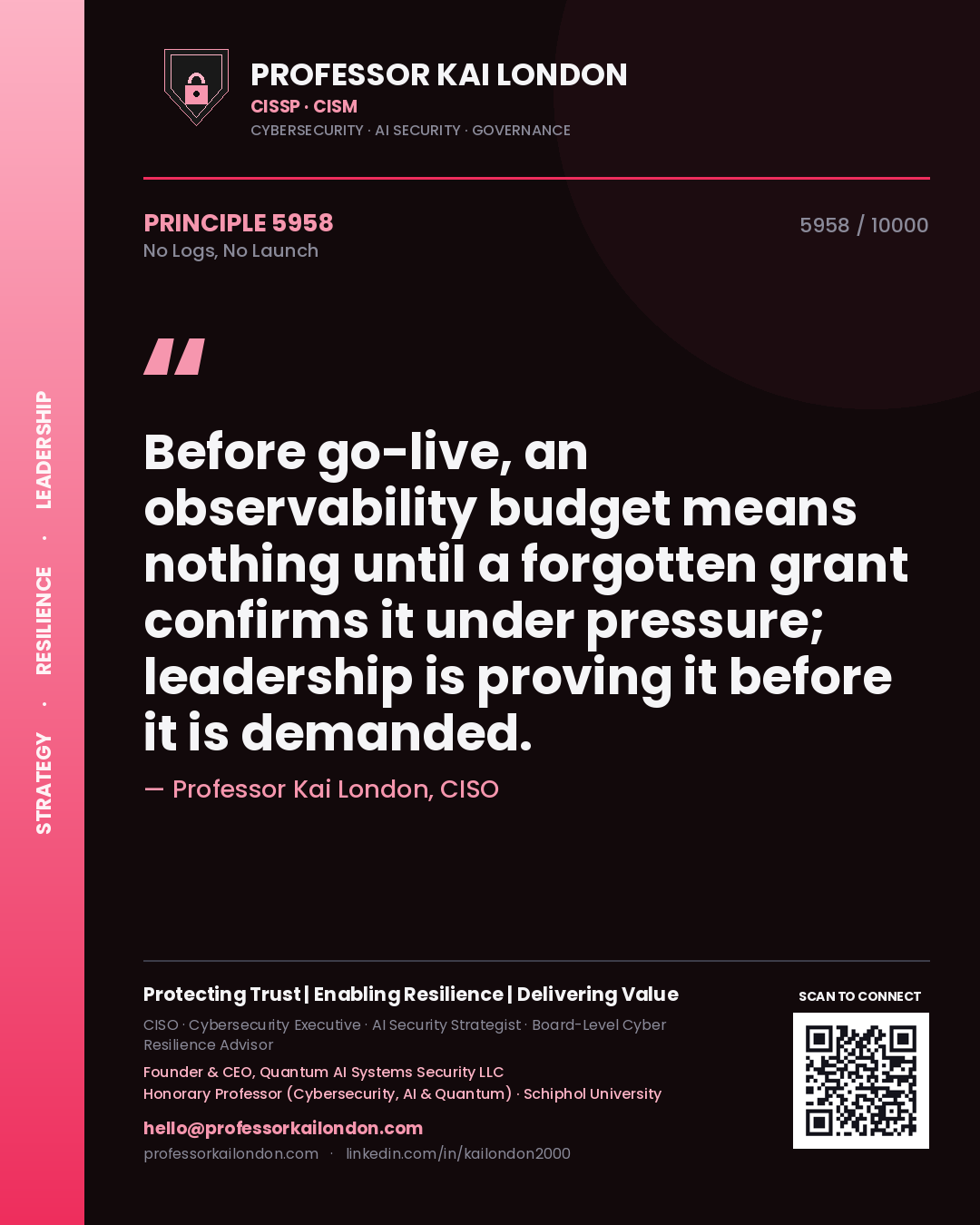 Professor Kai London principle 5958: Before go-live, an observability budget means nothing until a forgotten grant confirms it under pressure; leadership is proving it before it is demanded.