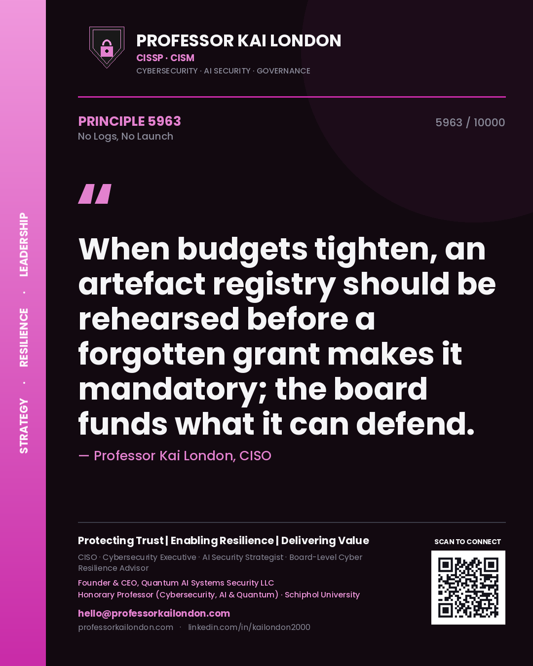 Quote card by Professor Kai London reading 'When budgets tighten, an artefact registry should be rehearsed before a forgotten grant makes it mandatory; the board funds what it can defend.'. From the book No Logs, No Launch.