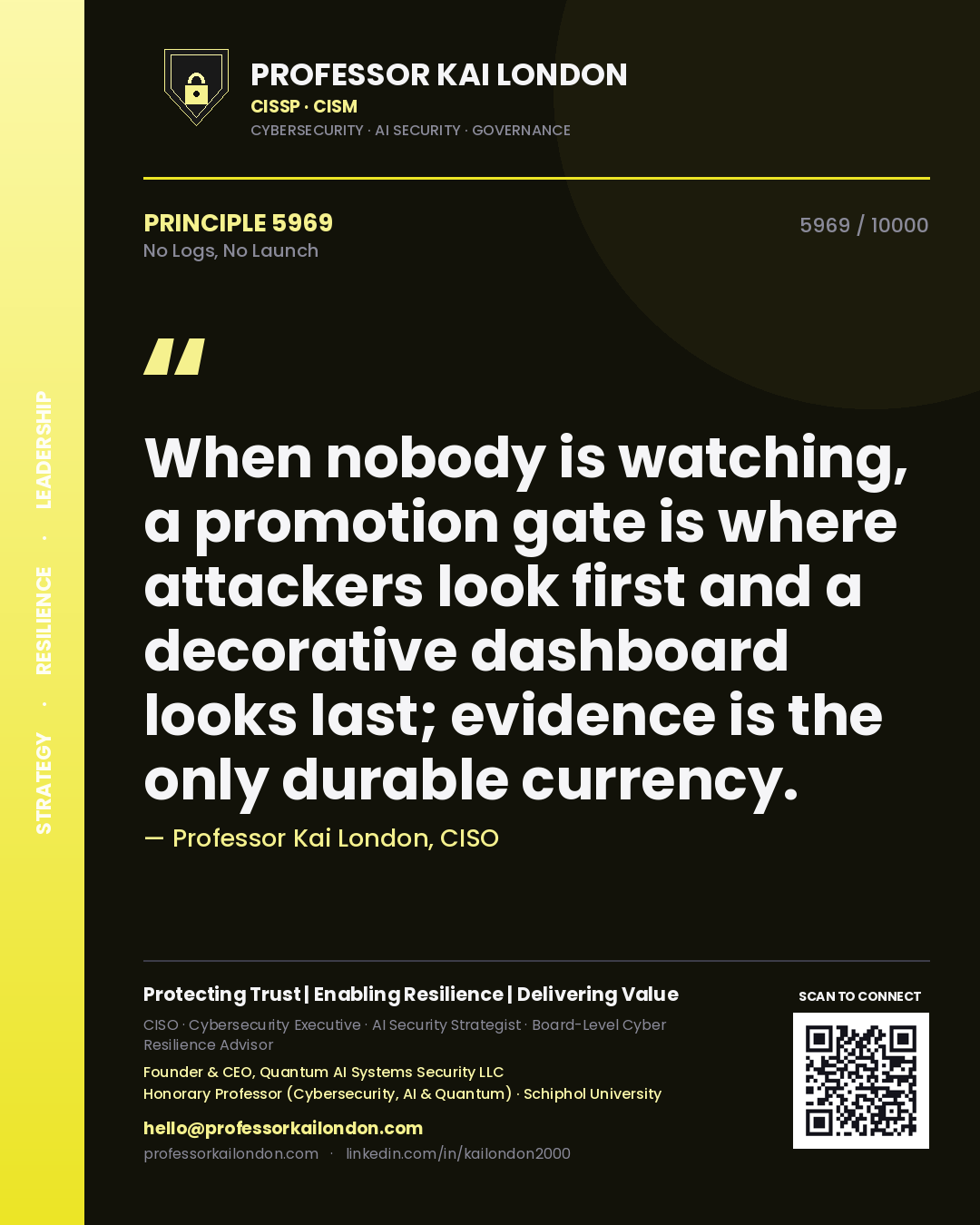Professor Kai London principle 5969: When nobody is watching, a promotion gate is where attackers look first and a decorative dashboard looks last; evidence is the only durable currency.