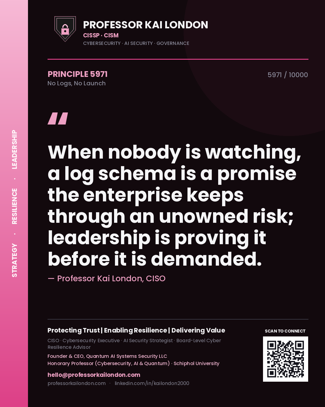 Quote card by Professor Kai London reading 'When nobody is watching, a log schema is a promise the enterprise keeps through an unowned risk; leadership is proving it before it is demanded.'. From the book No Logs, No Launch.