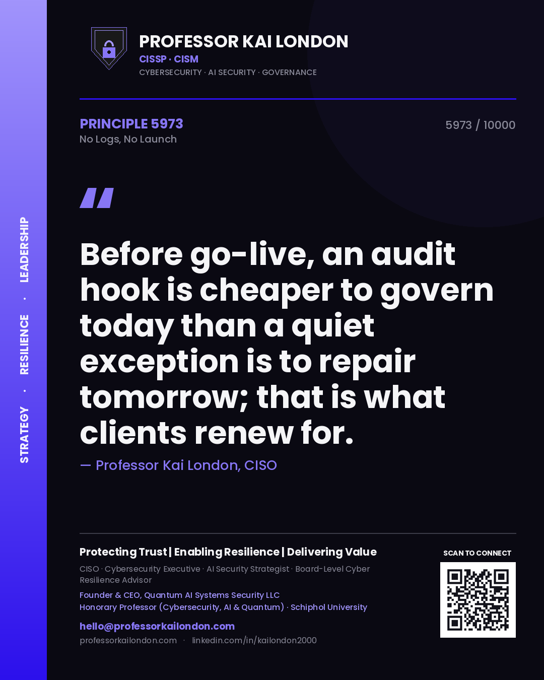 Professor Kai London principle 5973: Before go-live, an audit hook is cheaper to govern today than a quiet exception is to repair tomorrow; that is what clients renew for.